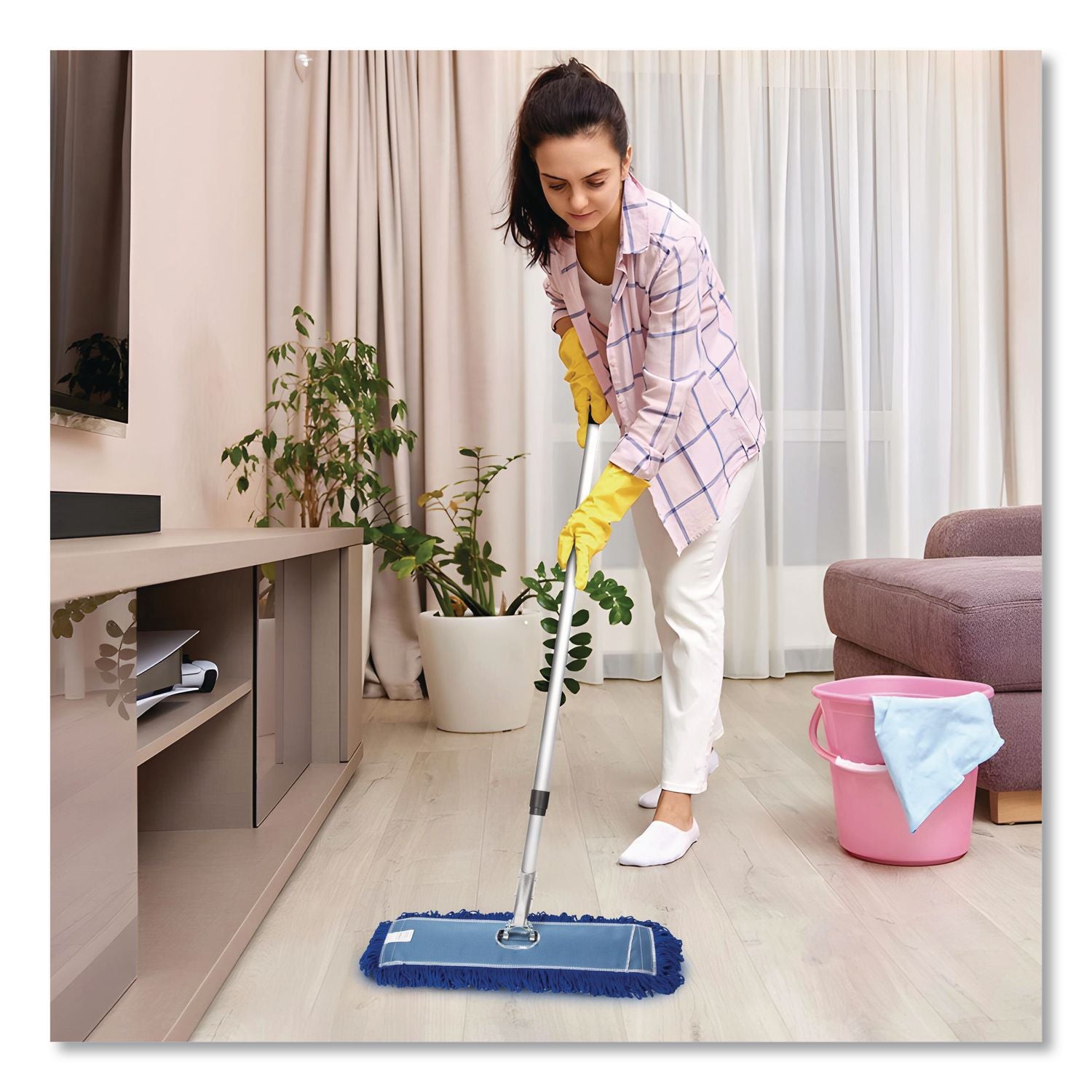 All-In-One 24" Microfiber Dust Mop Set With 72" Telescopic Handle, 24" X 5", Blue, Microfiber Head, 72" Silver Handle, 4 Kits