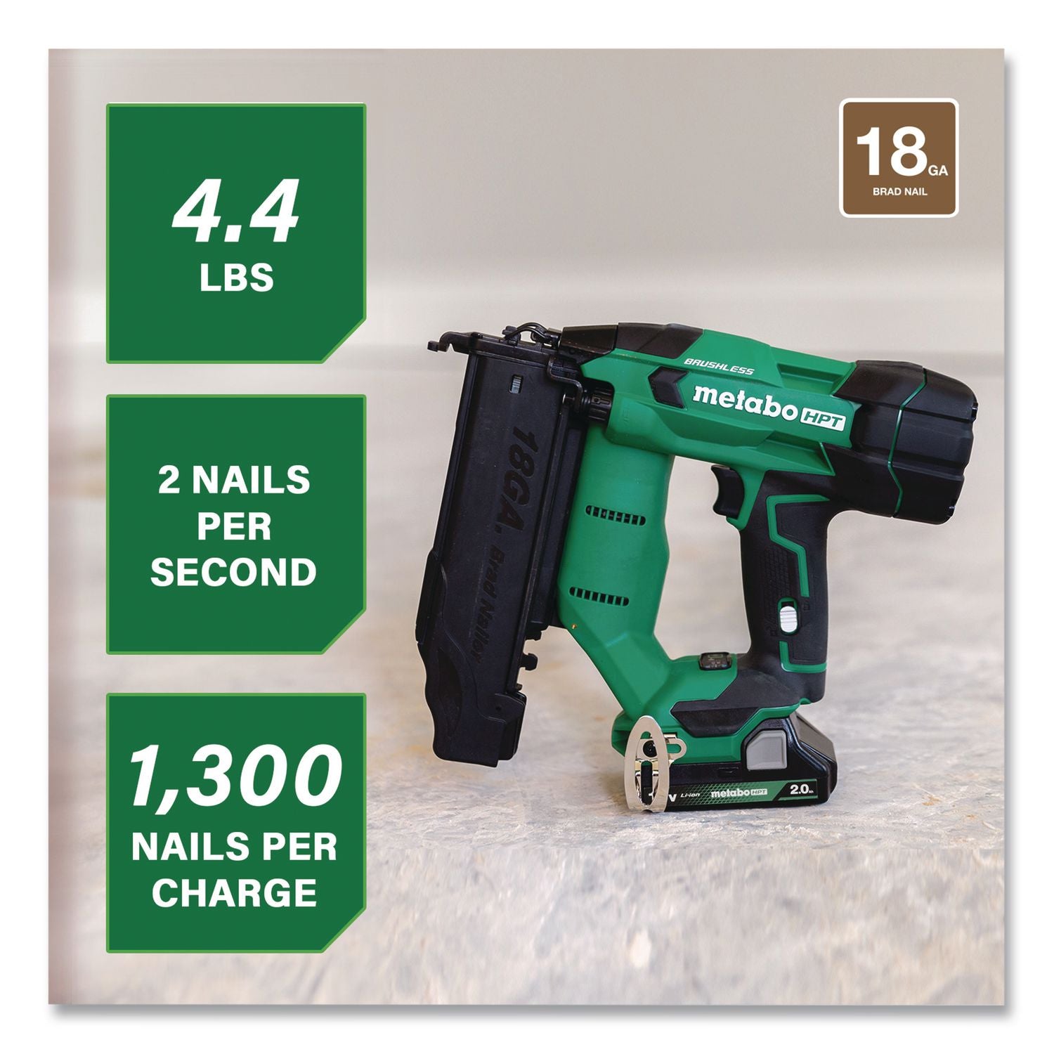 18V Brushless Lithium-Ion Compact 18 Ga Cordless Brad Nailer Kit (2 Ah), 5/8" To 2" Nails, Green/Black