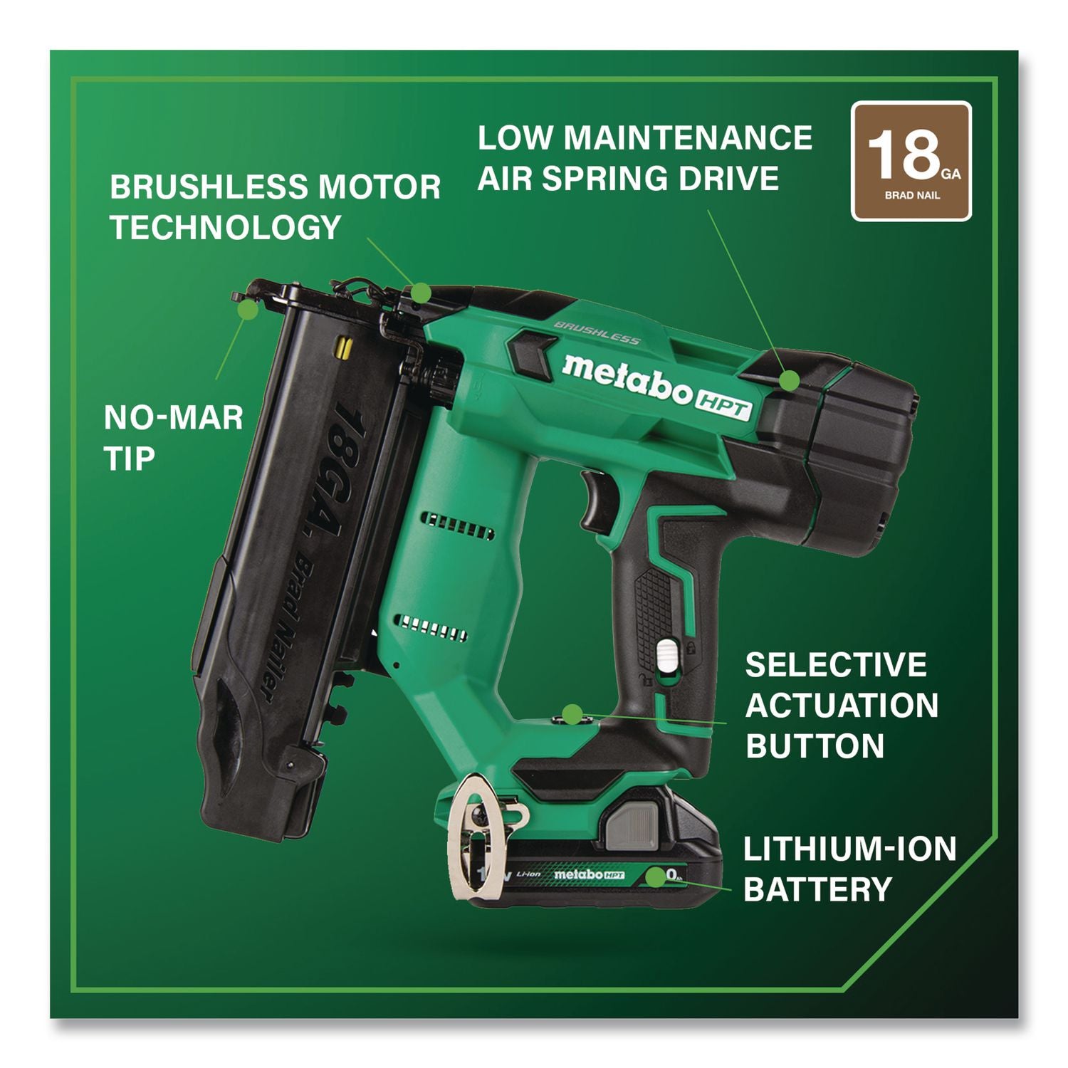 18V Brushless Lithium-Ion Compact 18 Ga Cordless Brad Nailer Kit (2 Ah), 5/8" To 2" Nails, Green/Black