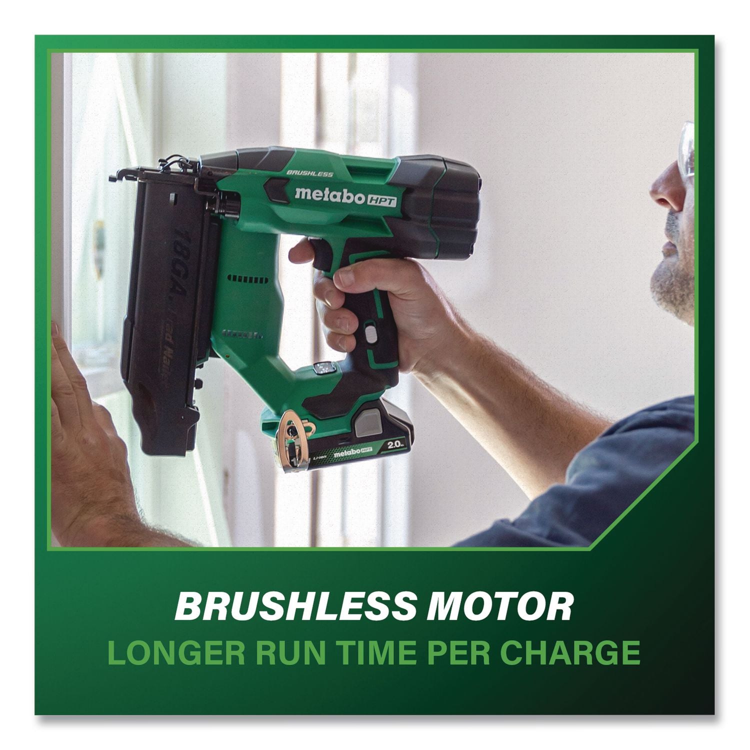 18V Brushless Lithium-Ion Compact 18 Ga Cordless Brad Nailer Kit (2 Ah), 5/8" To 2" Nails, Green/Black