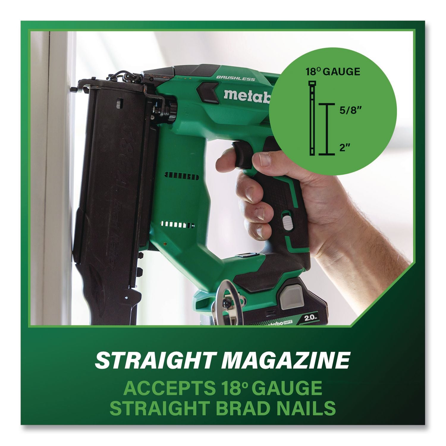 18V Brushless Lithium-Ion Compact 18 Ga Cordless Brad Nailer Kit (2 Ah), 5/8" To 2" Nails, Green/Black
