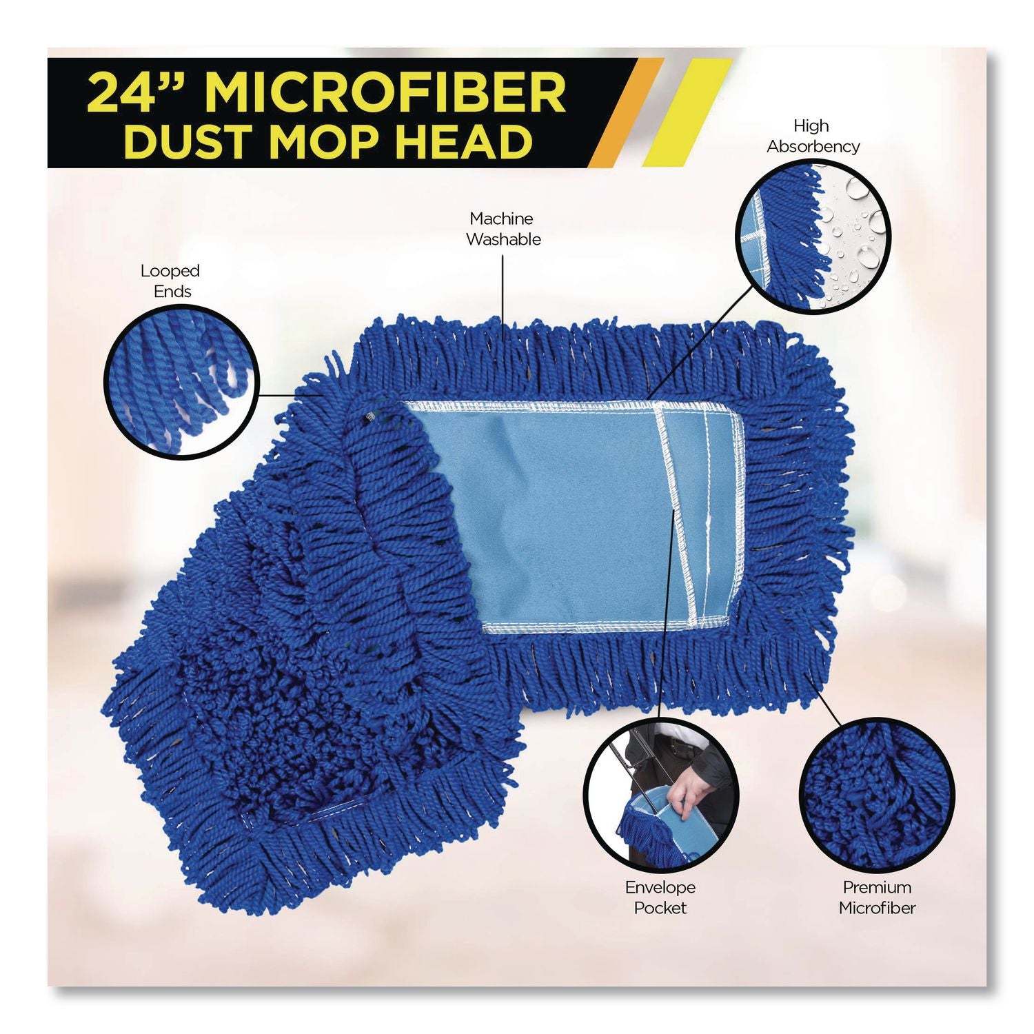 Microfiber Looped Dust Mop Pad Head, 24 X 5, Blue, 3/Pack