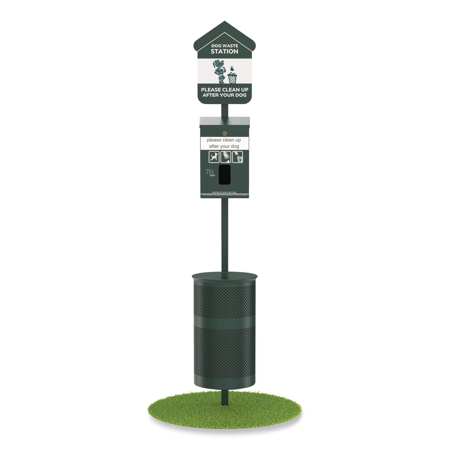 Pet Waste Station Kit With Header Bag Locking Dispenser, 11.5 Gallon Round Lidded Trash Can, Pole, And Glow-In-The-Dark Sign
