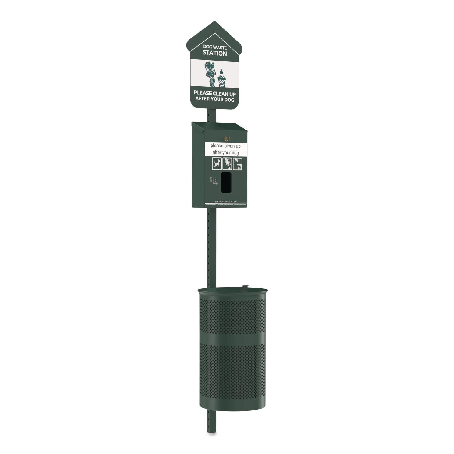 Pet Waste Station Kit With Header Bag Locking Dispenser, 11.5 Gallon Round Lidded Trash Can, Pole, And Glow-In-The-Dark Sign
