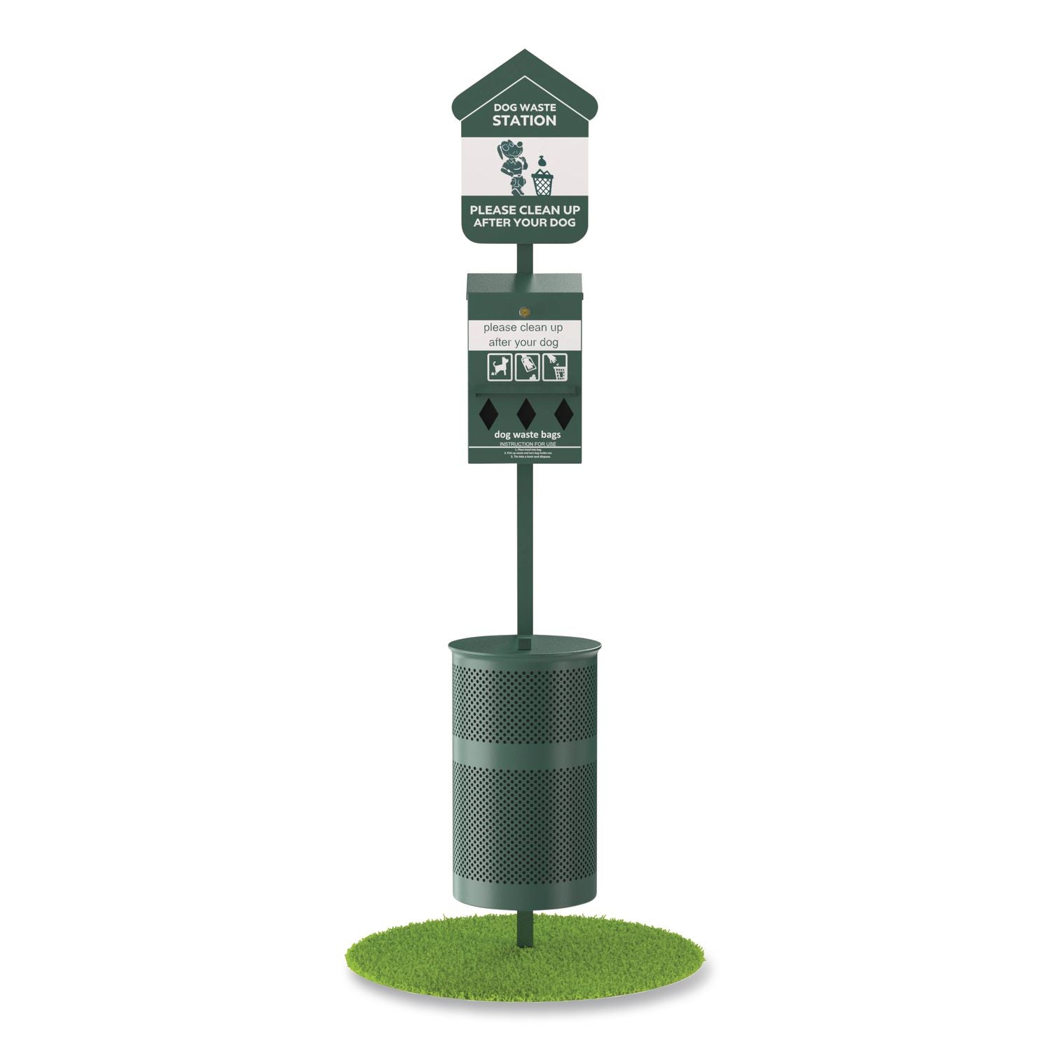 Pet Waste Station Kit With Roll Bag Locking Dispenser, 11.5 Gallon Round Lidded Trash Can, Pole, And Glow-In-The-Dark Sign