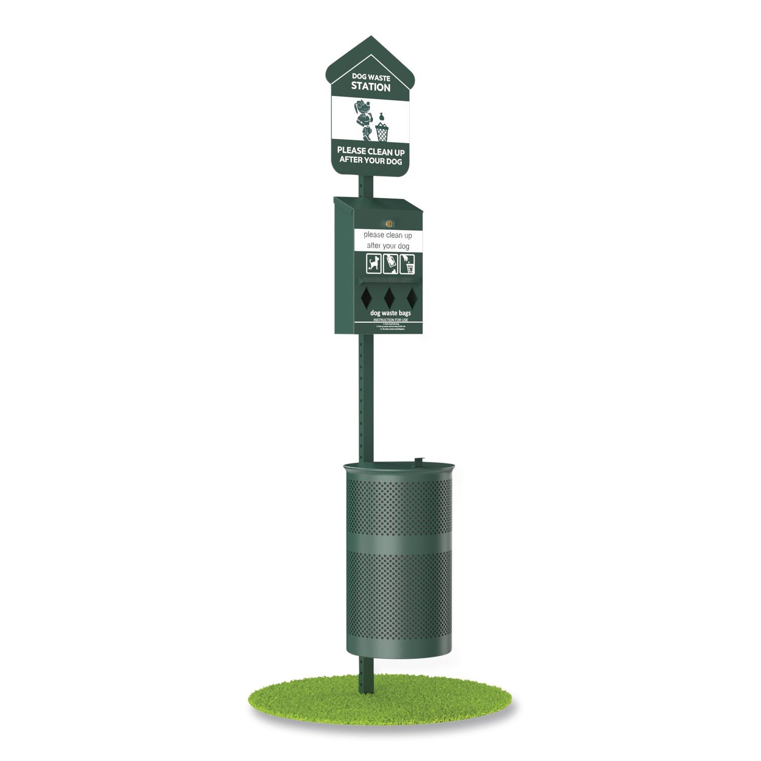 Pet Waste Station Kit With Roll Bag Locking Dispenser, 11.5 Gallon Round Lidded Trash Can, Pole, And Glow-In-The-Dark Sign