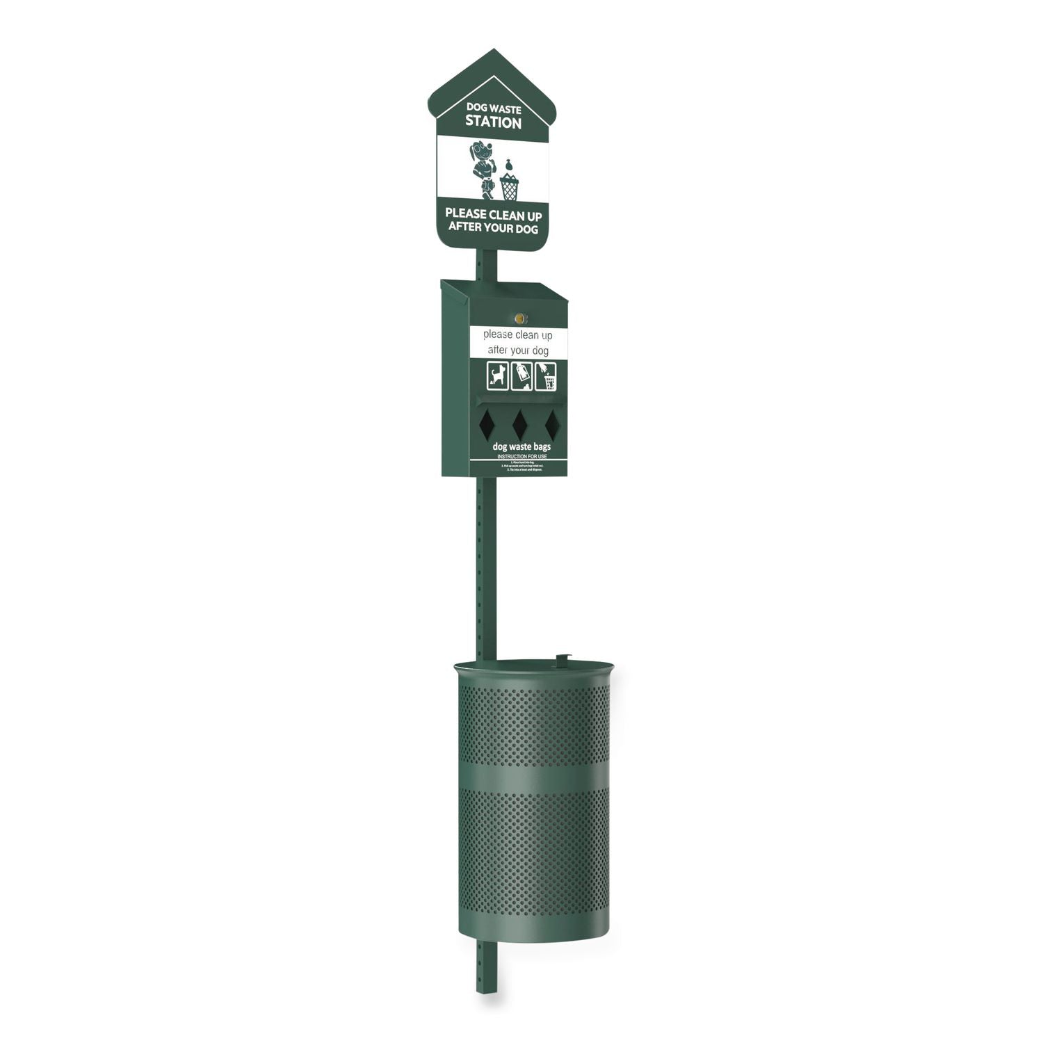 Pet Waste Station Kit With Roll Bag Locking Dispenser, 11.5 Gallon Round Lidded Trash Can, Pole, And Glow-In-The-Dark Sign