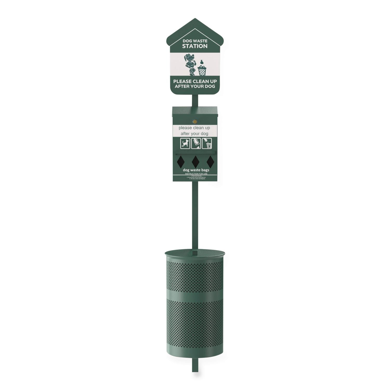 Pet Waste Station Kit With Roll Bag Locking Dispenser, 11.5 Gallon Round Lidded Trash Can, Pole, And Glow-In-The-Dark Sign
