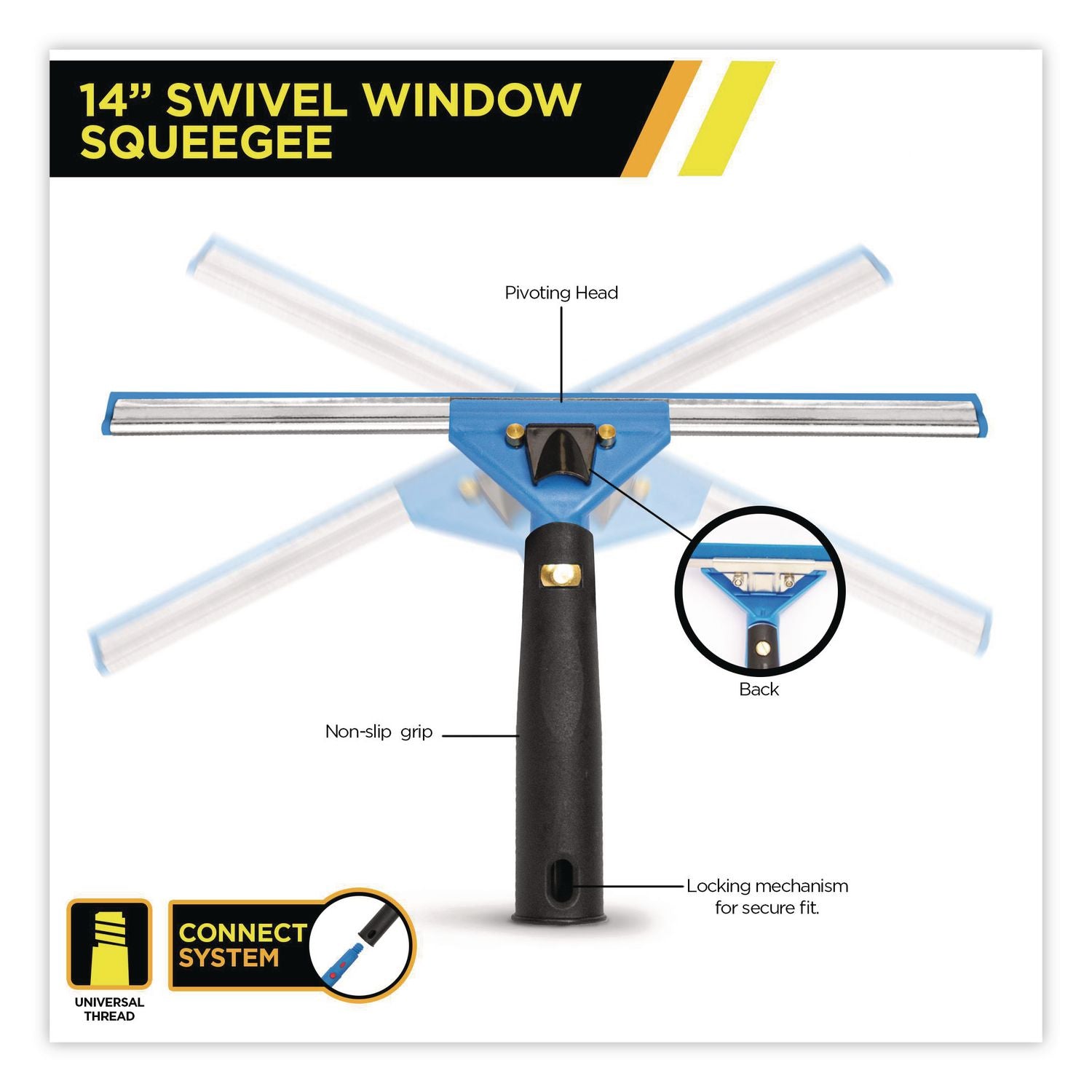 Swivel Window Squeegee With Quick Release, 14" Wide Blade, 3/Pack