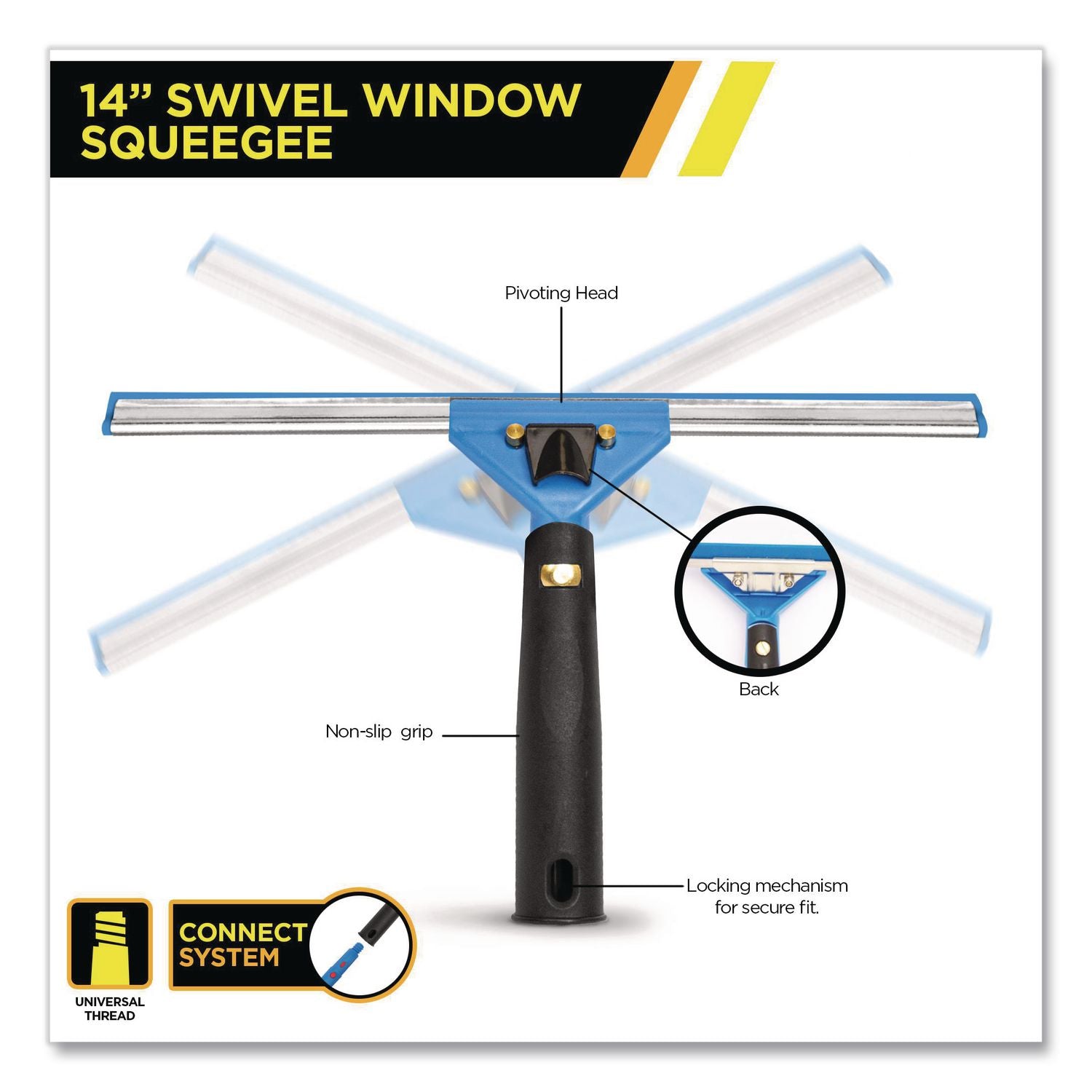 Swivel Window Squeegee With Quick Release, 14" Wide Blade, 12/Carton