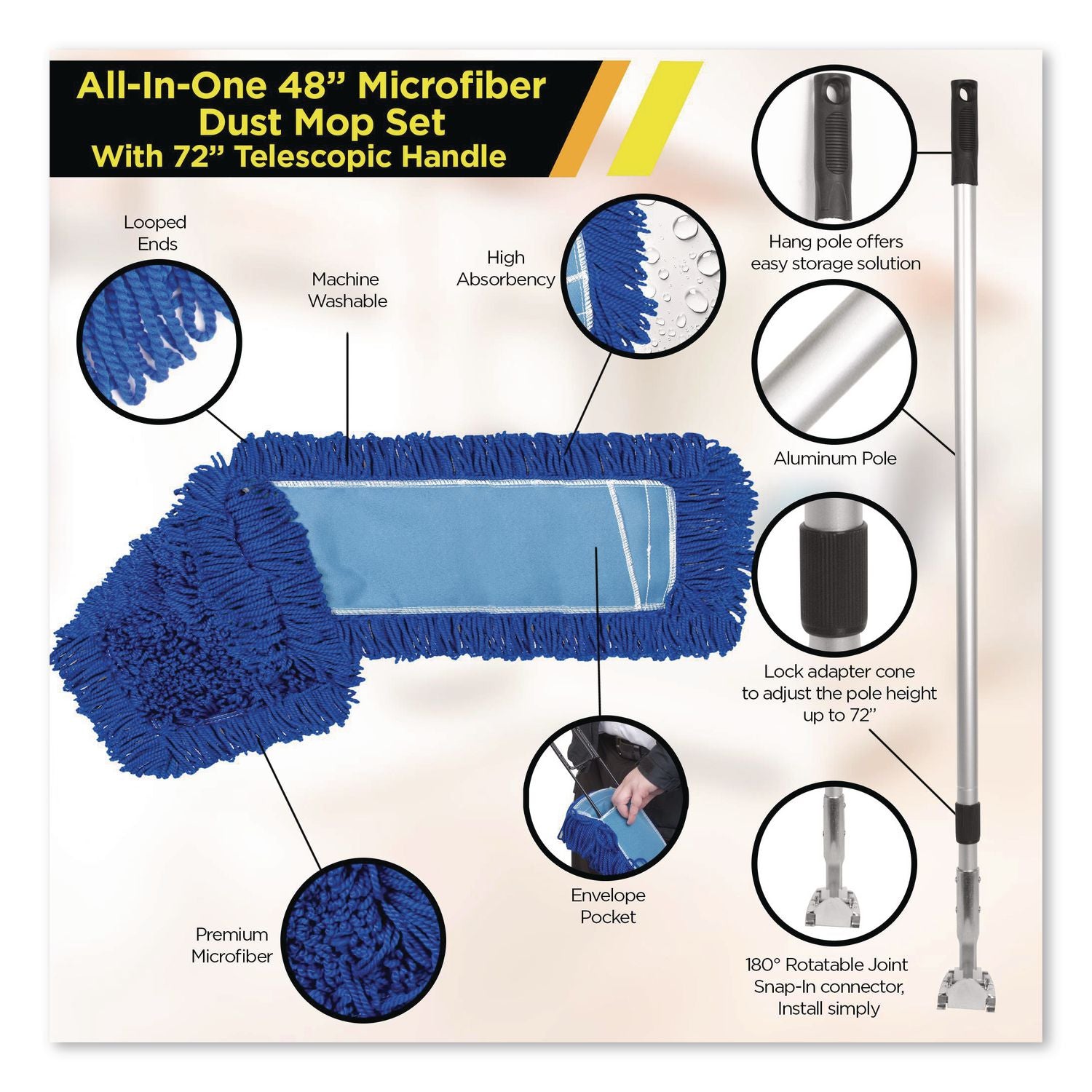 All-In-One Microfiber Dust Mop Set With Telescopic Handle, 48 X 5, Blue Microfiber Head, 40" To 72" Silver Aluminum Handle