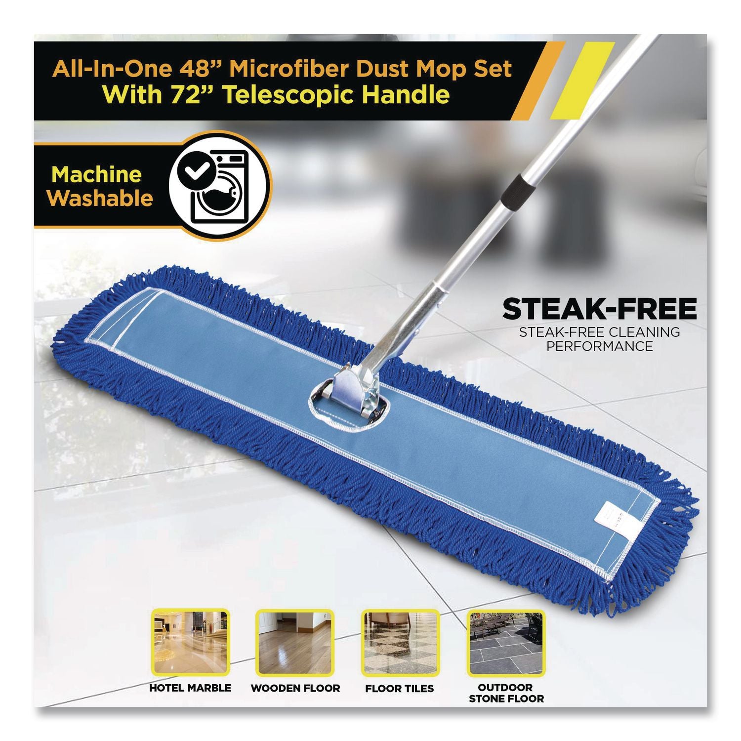 All-In-One Microfiber Dust Mop Set With Telescopic Handle, 48 X 5, Blue Microfiber Head, 72" Silver Aluminum Handle, 4/Kit