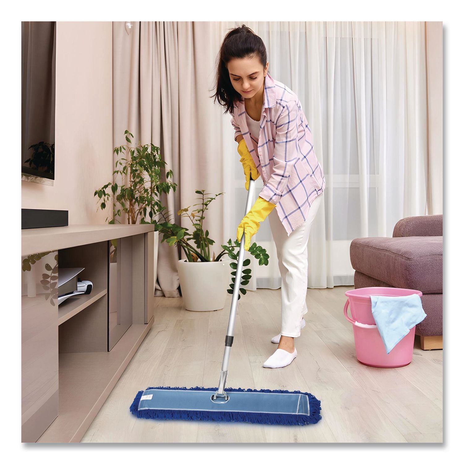All-In-One Microfiber Dust Mop Set With Telescopic Handle, 48 X 5, Blue Microfiber Head, 72" Silver Aluminum Handle, 4/Kit