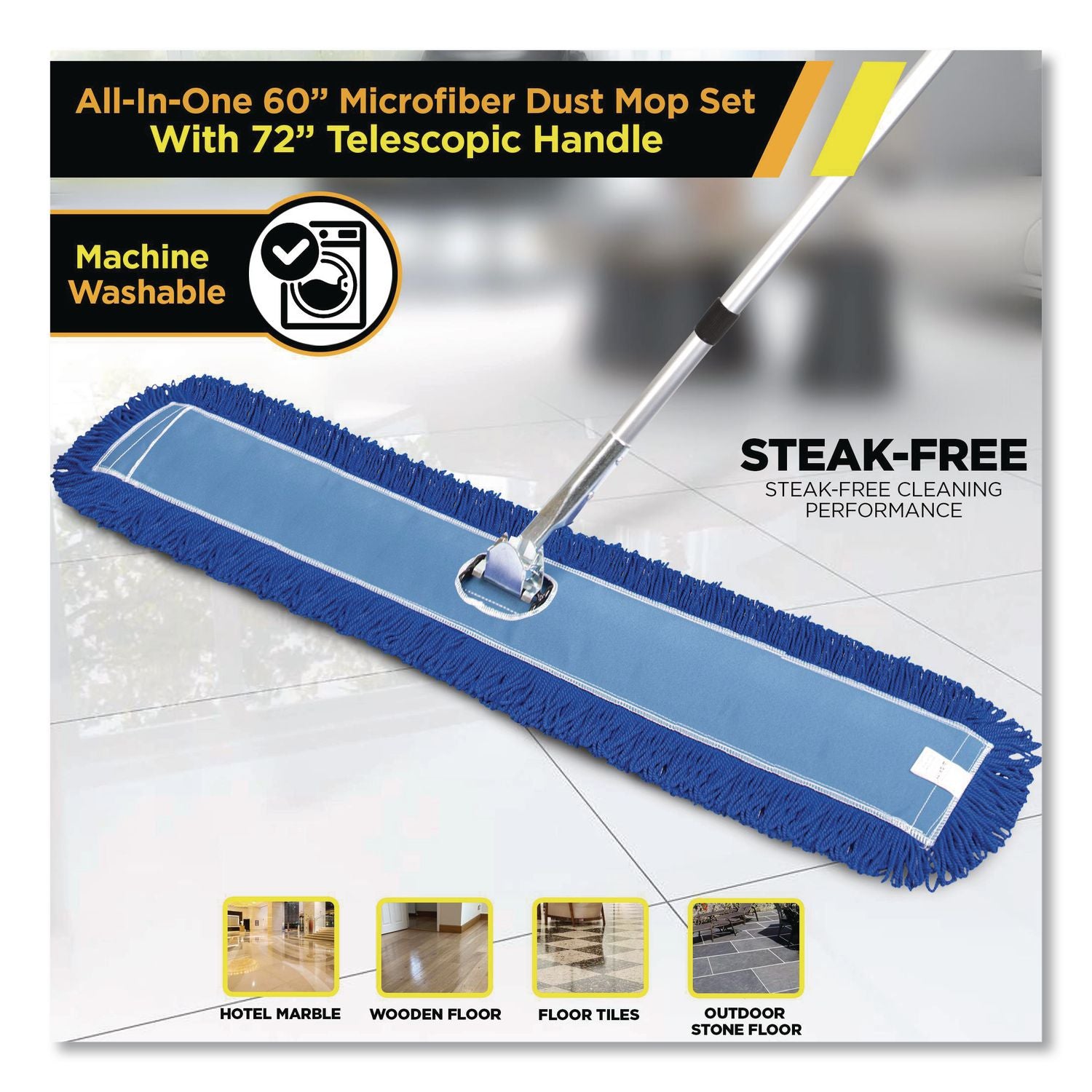 All-In-One Microfiber Dust Mop Set With Telescopic Handle, 60 X 5, Blue Microfiber Head, 40" To 72" Silver Aluminum Handle