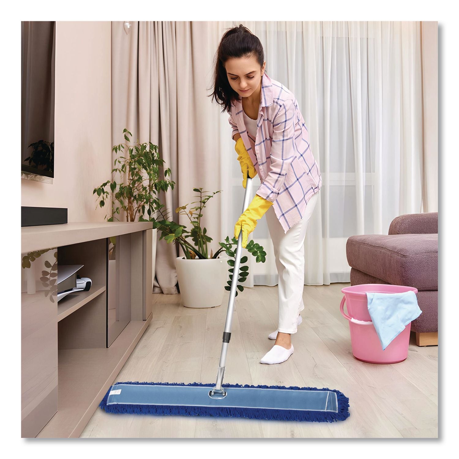 All-In-One Microfiber Dust Mop Set With Telescopic Handle, 60 X 5, Blue Microfiber Head, 40" To 72" Silver Aluminum Handle