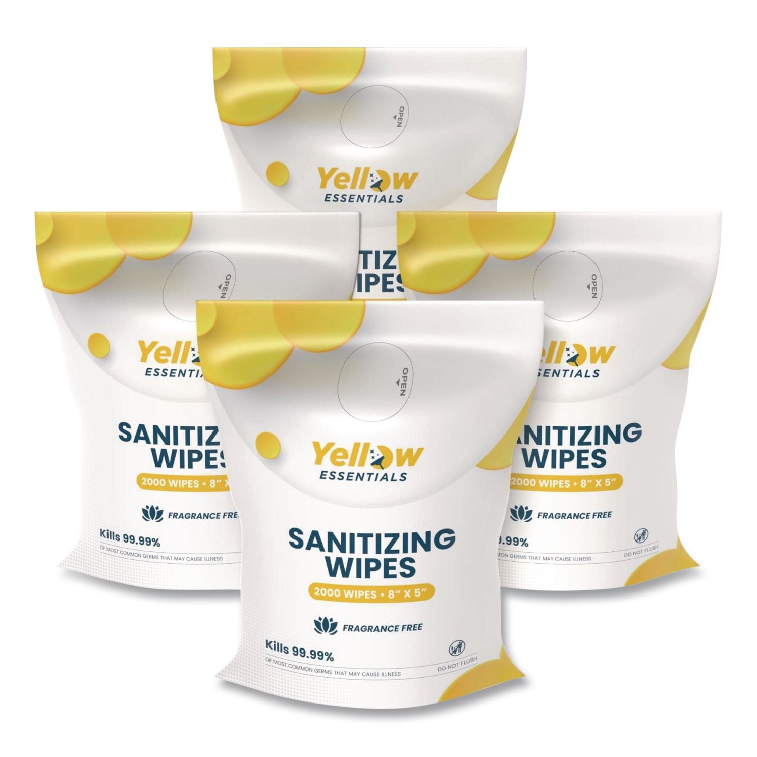 Yellow Essentials Sanitizing Wipes, 5 X 8, Unscented, White, 2, 000/Refill Bag, 4 Refill Bags/Carton