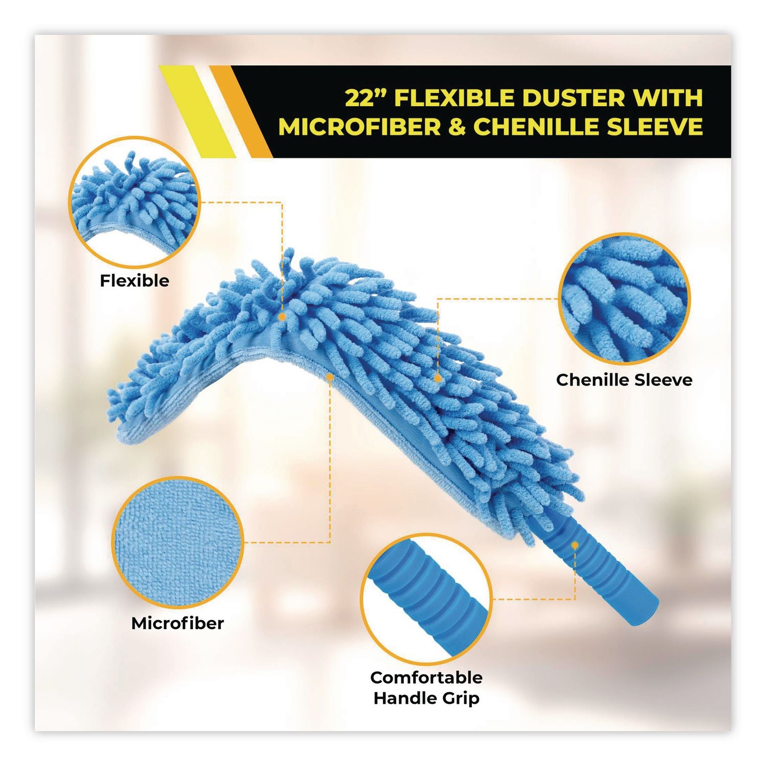 Flexible Wand Duster With Microfiber And Chenille Sleeve And 6 Ft Telescopic Pole
