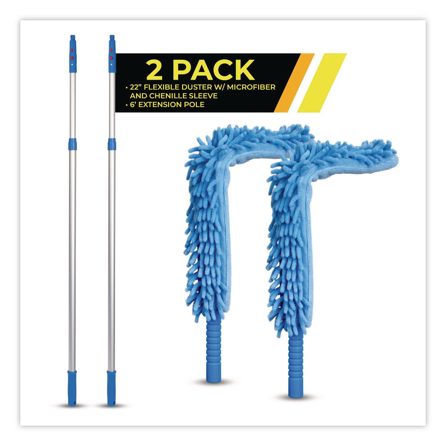 Flexible Wand Duster With Microfiber And Chenille Sleeve And 6 Ft Telescopic Pole, 2/Kit