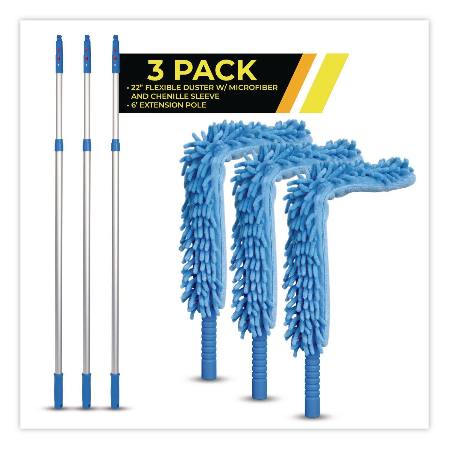 Flexible Wand Duster With Microfiber And Chenille Sleeve And 6 Ft Telescopic Pole, 3/Kit