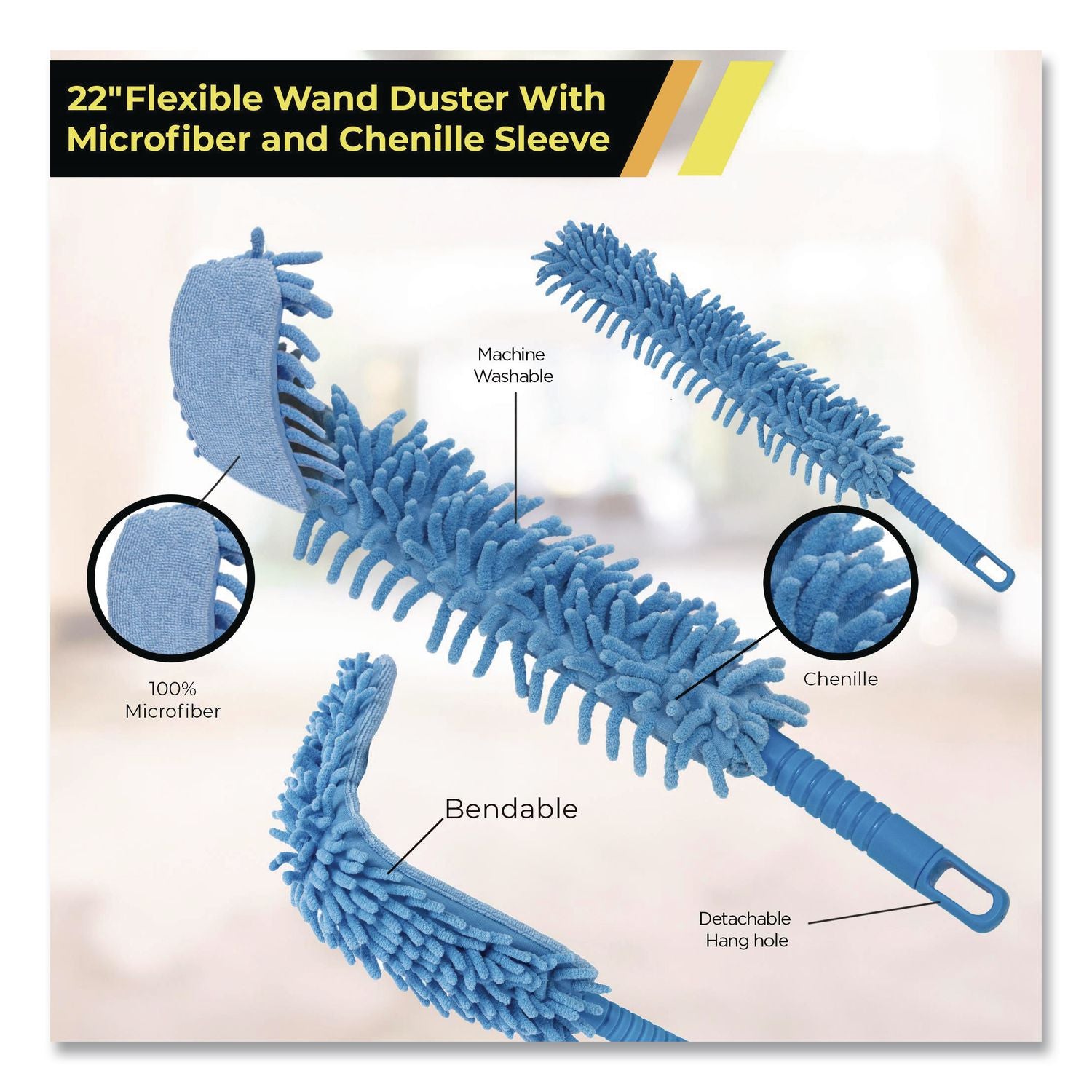 Flexible Wand Duster With Microfiber And Chenille Sleeve, 22" Length, 3/Pack