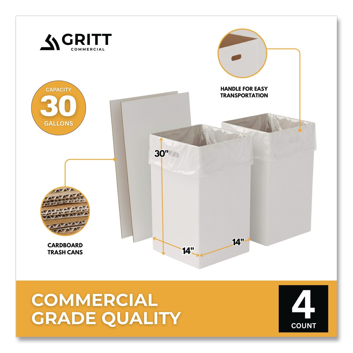 30 Gallon Corrugated Cardboard Trash Can And Recycling Container, White, 4/Carton