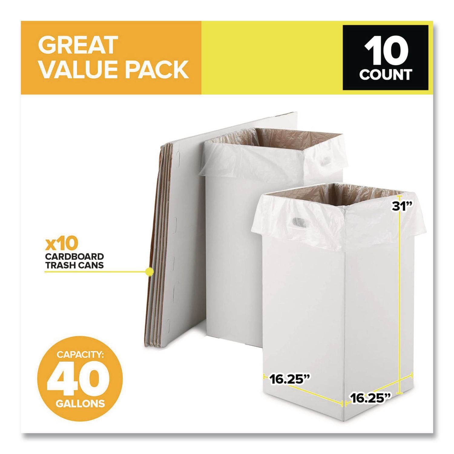 40 Gallon Corrugated Cardboard Trash Can And Recycling Container, White, 10/Carton