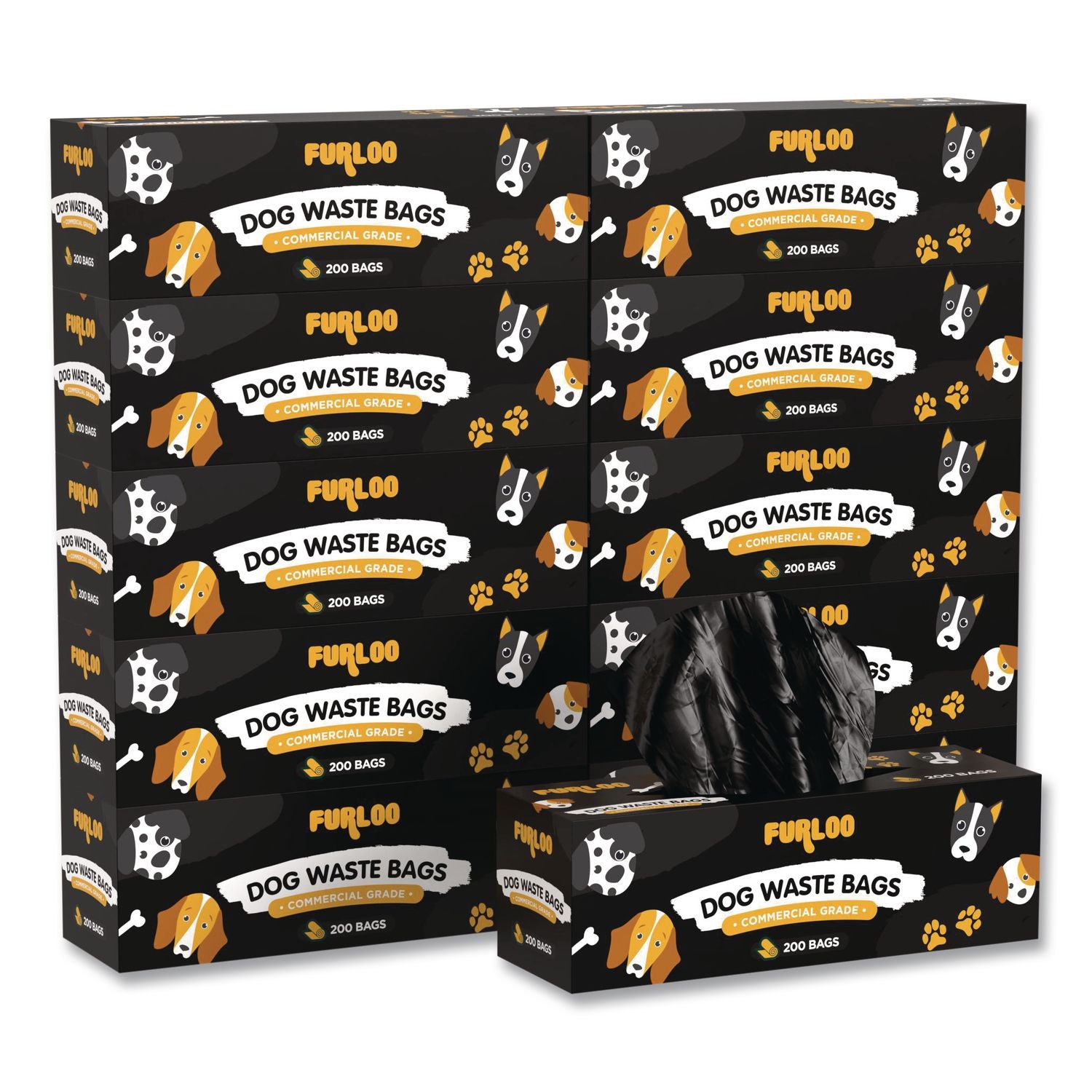 Commercial Grade Dog Waste Station Refill Bags, Open-Face, 8" X 13", Black, 200 Bags/Roll, 10/Carton