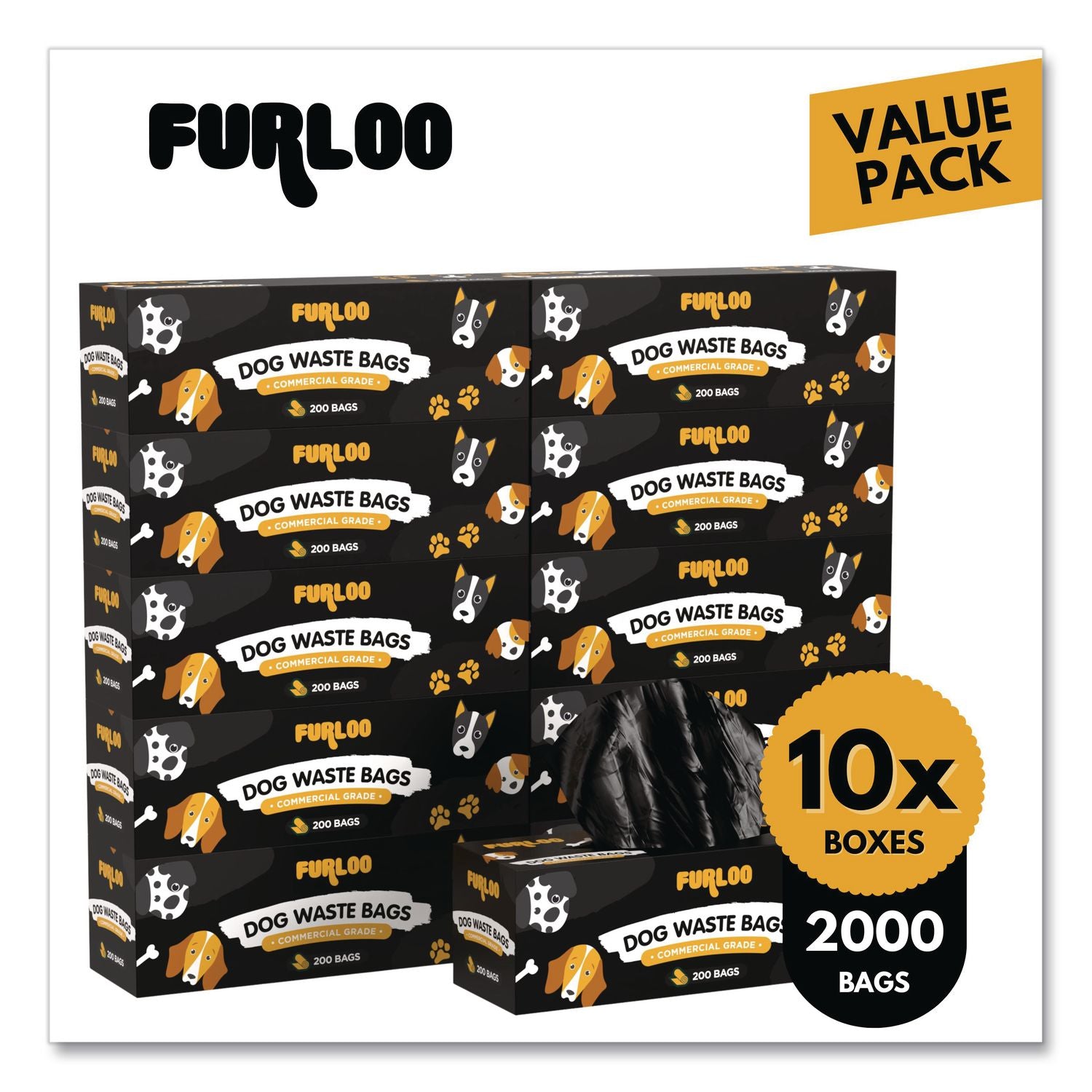 Commercial Grade Dog Waste Station Refill Bags, Open-Face, 8" X 13", Black, 200 Bags/Roll, 10/Carton