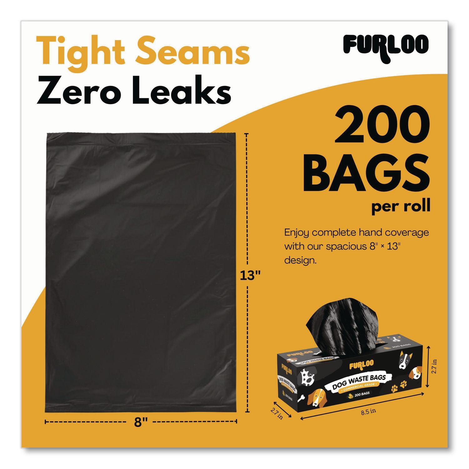 Commercial Grade Dog Waste Station Refill Bags, Open-Face, 8" X 13", Black, 200 Bags/Roll, 10/Carton