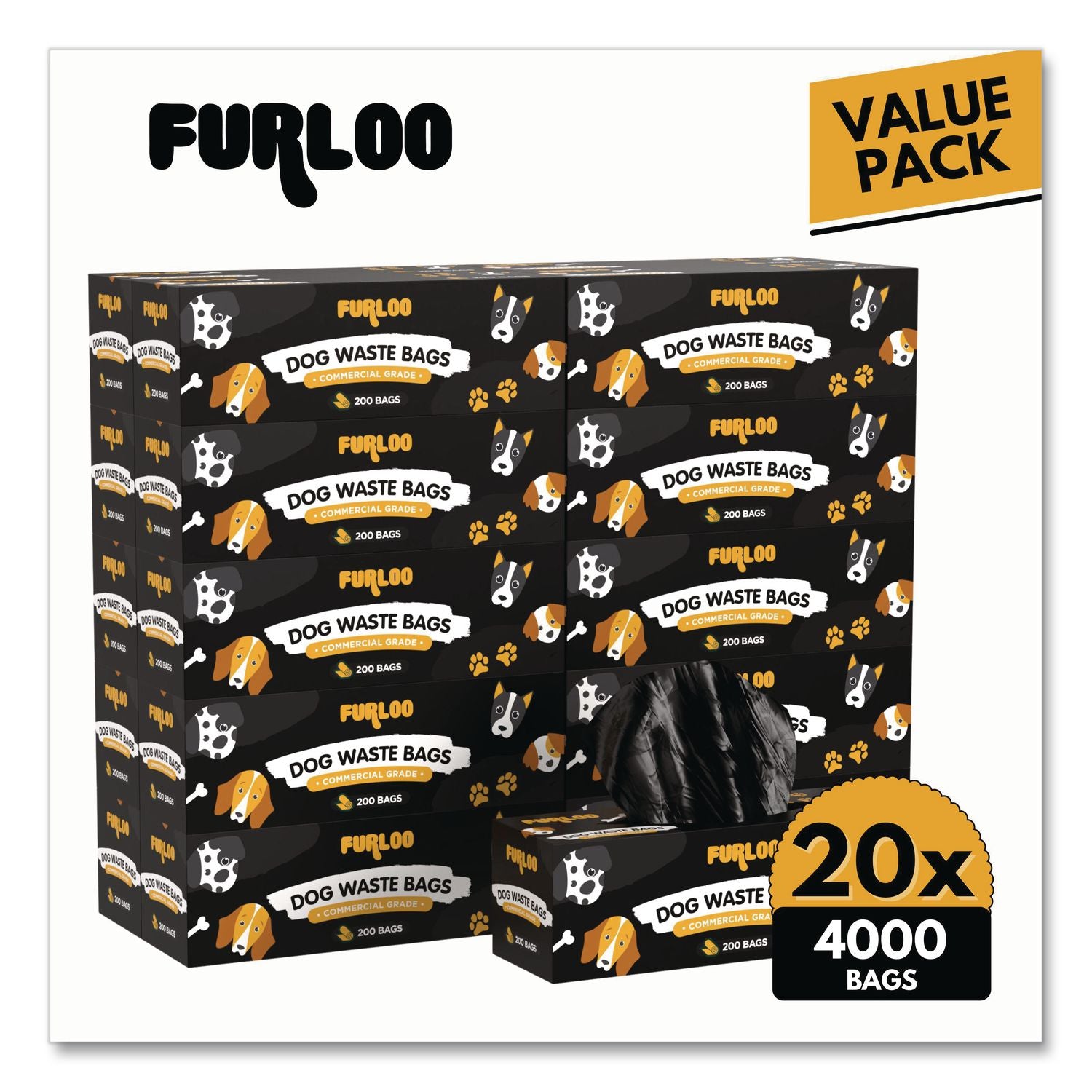 Commercial Grade Dog Waste Station Refill Bags, Open-Face, 8" X 13", Black, 200 Bags/Roll, 20/Carton
