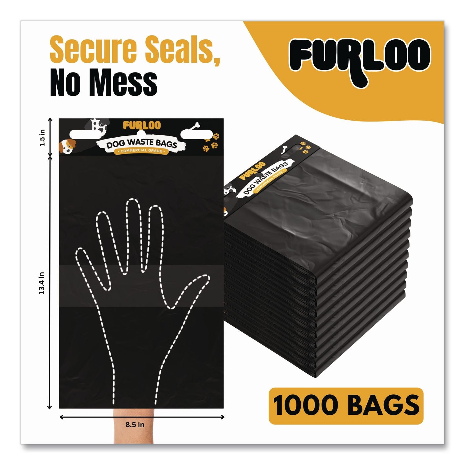 Pet Waste Station Header Heavy-Duty Leak-Resistant Dog Waste Refill Bags, Open-Face, 8.5" X 13.4", Black, 1000 Bags/Carton