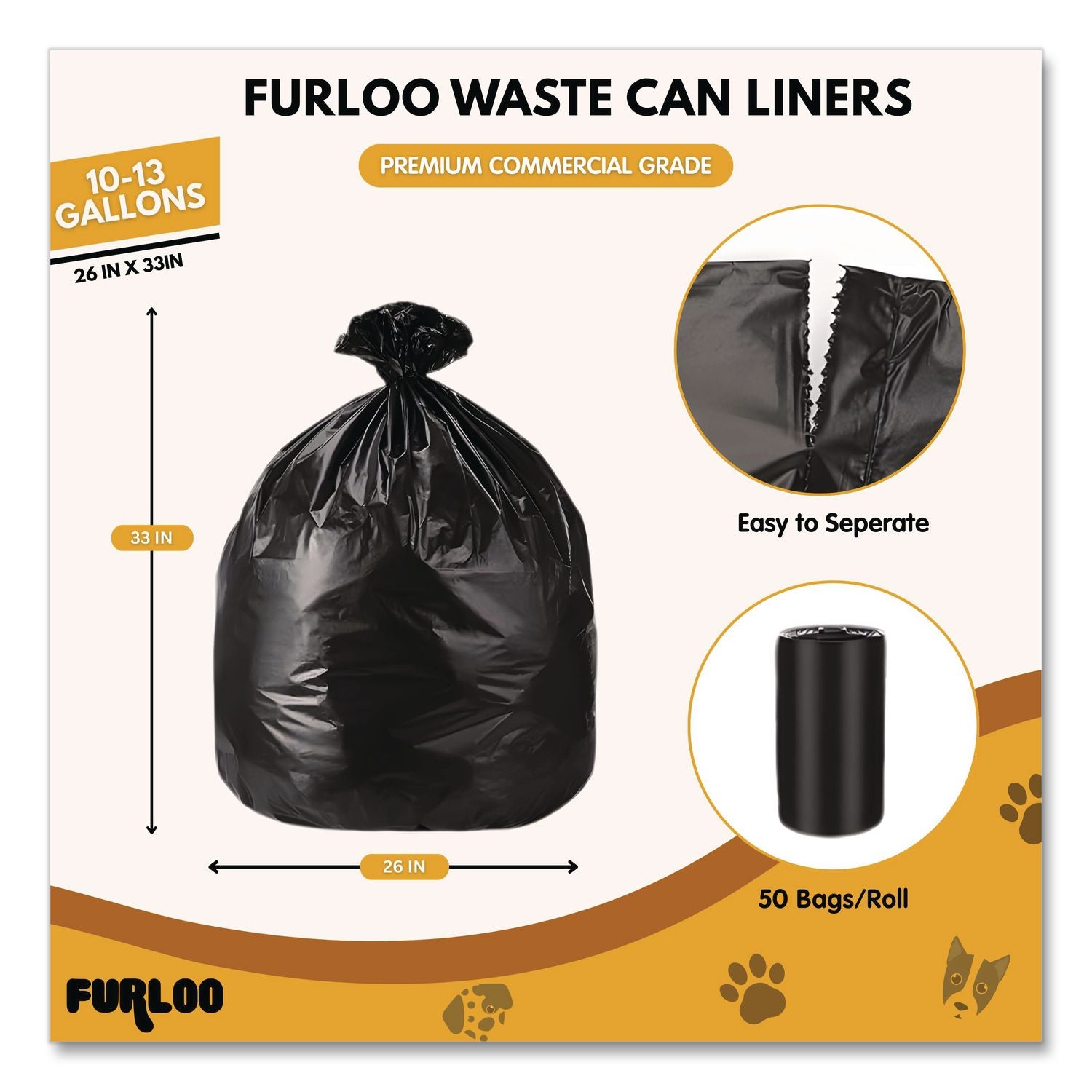 13-Gallon Heavy Duty Dog Waste Station Can Liners, Open-Face, 13 Gal, 26" X 33", Black, 50 Bags