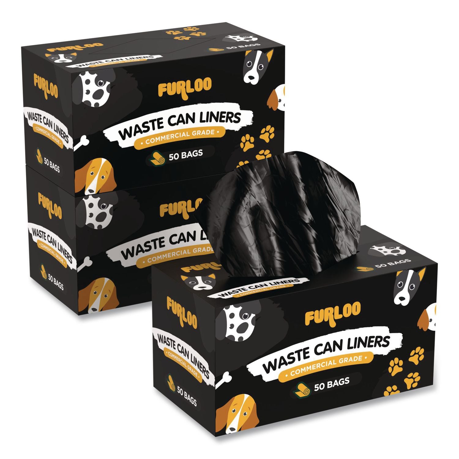 13-Gallon Heavy Duty Dog Waste Station Can Liners, Open-Face, 13 Gallons, 26" X 33", Black, 50 Bags/Roll, 2/Pack