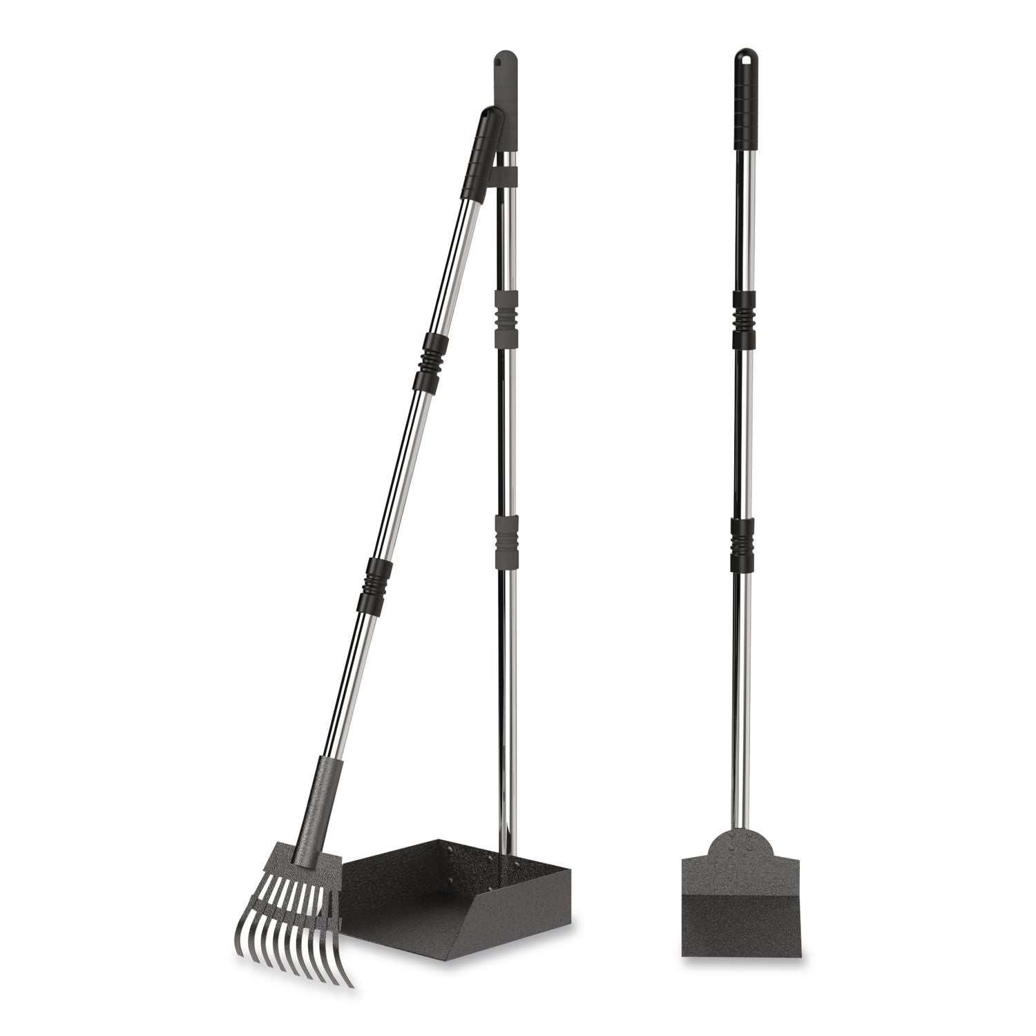 Dog Pooper Scooper Set With Heavy-Duty Metal Tray, Rake And Spade, 37.8" Length Black/Silver