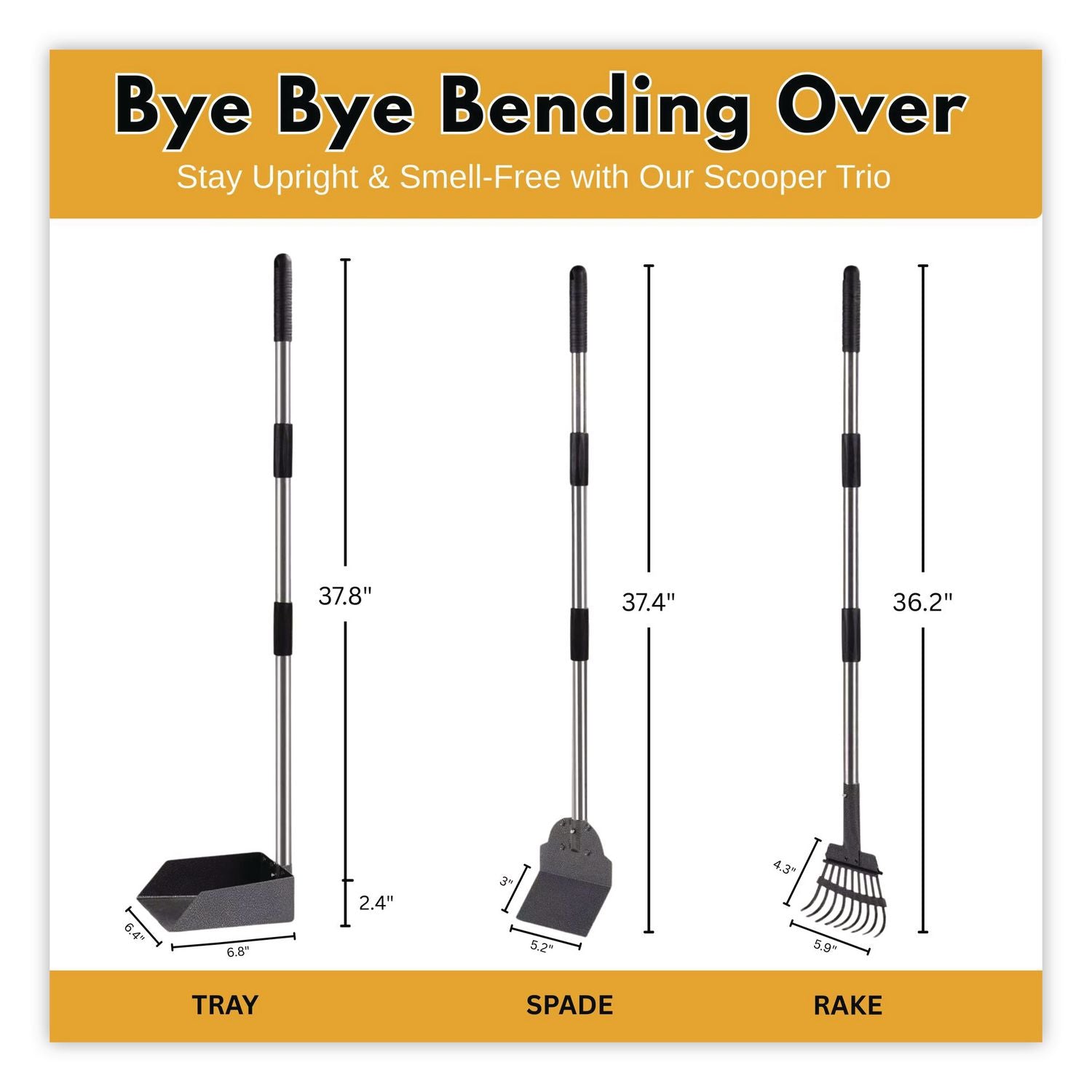 Dog Pooper Scooper Set With Heavy-Duty Metal Tray, Rake And Spade, 37.8" Length Black/Silver