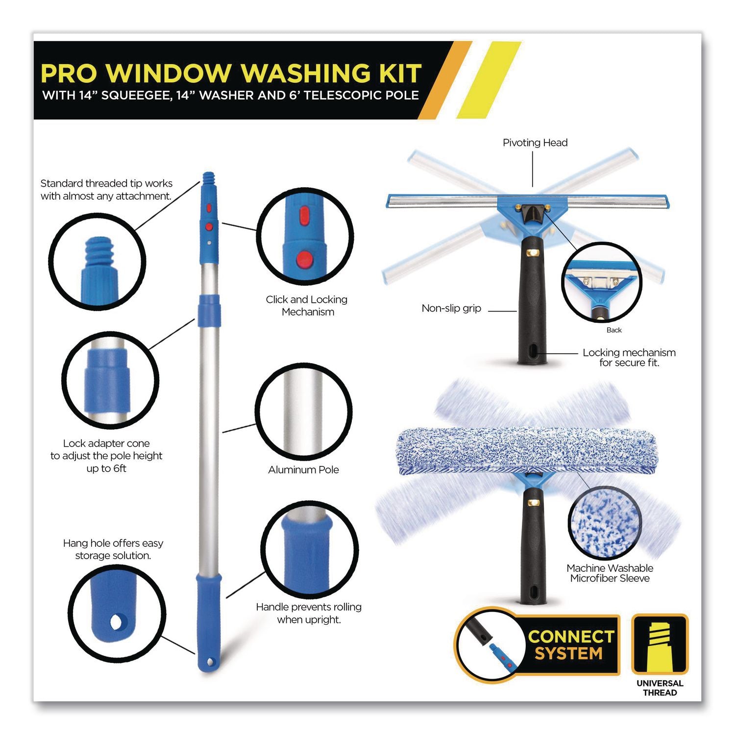 Pro Window Washing Kit With Squeegee, Washer And 6 Ft Telescopic Pole, 14" Wide