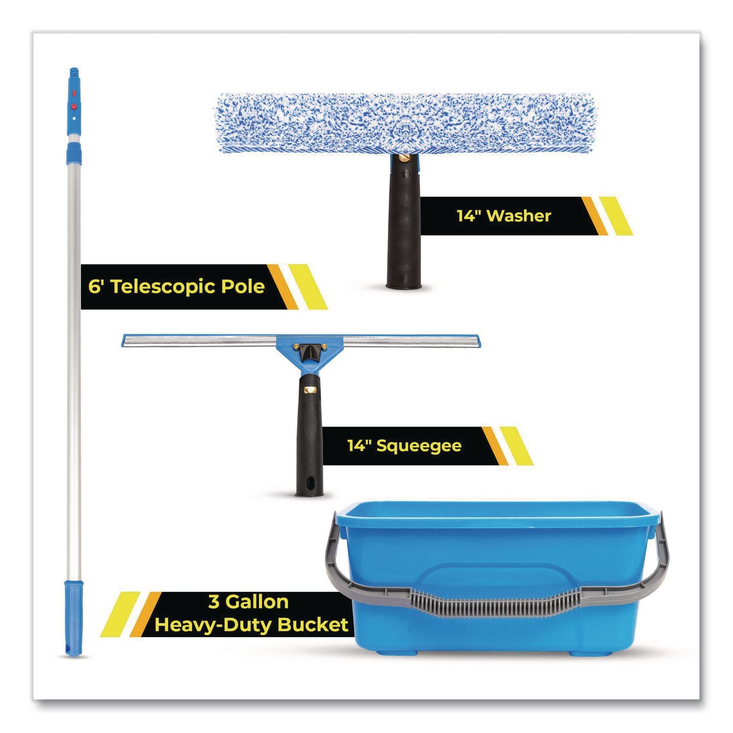 Pro Window Washing Kit With 14" Wide Blade Squeegee, Washer, 6 Ft Telescopic Pole And 3 Gal Heavy-Duty Bucket