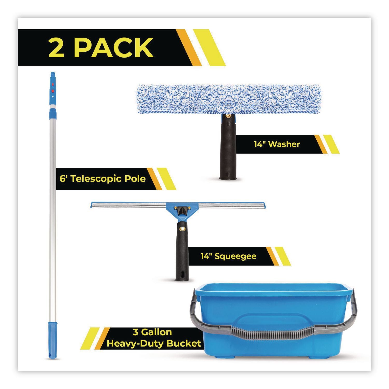 Pro Window Washing Kit With 14" Wide Blade Squeegee, Washer, 6 Ft Telescopic Pole And 3 Gal Heavy-Duty Bucket, 2/Kit