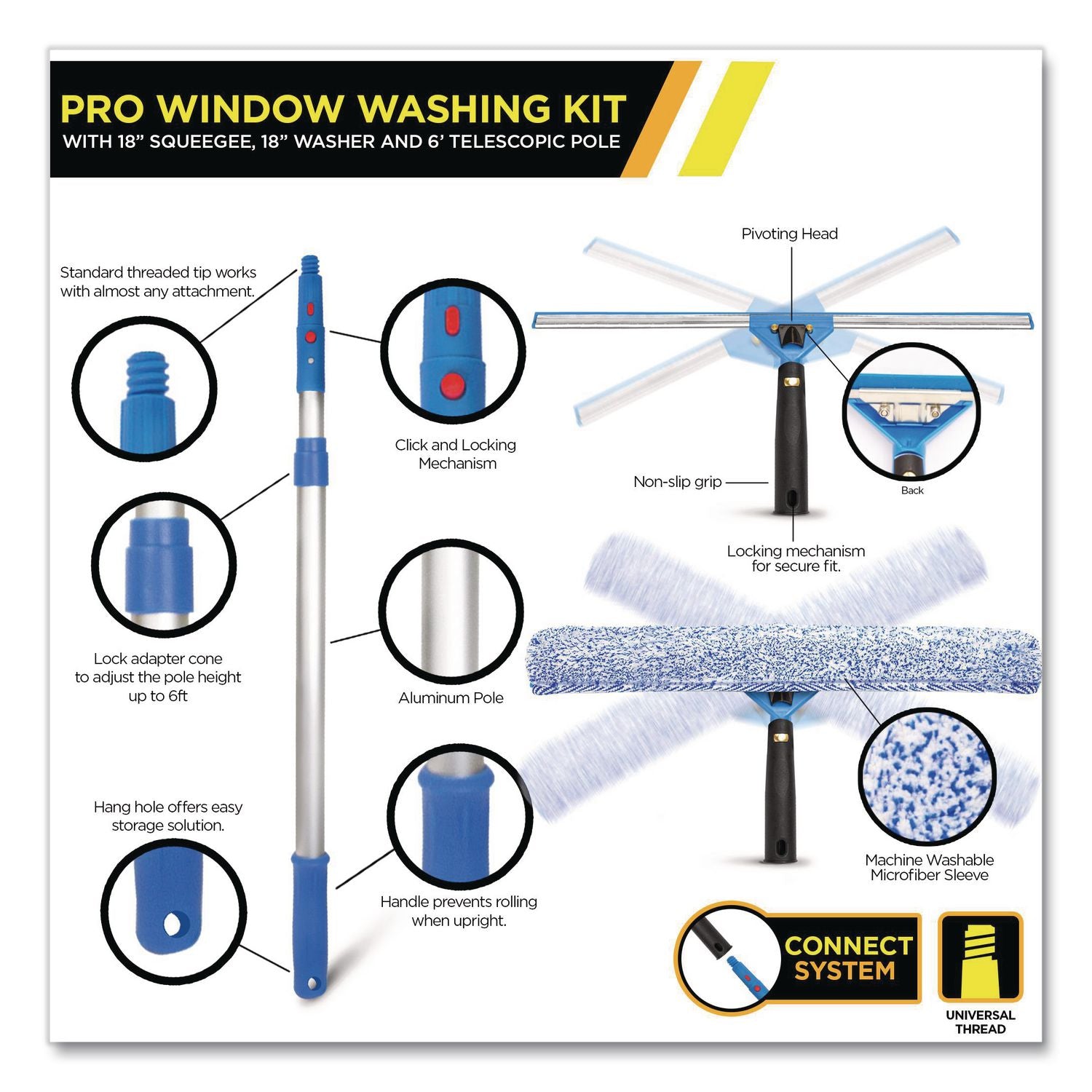 Pro Window Washing Kit With 14" Wide Blade Squeegee, Washer, 6 Ft Telescopic Pole And 3 Gal Heavy-Duty Bucket, 2/Kit