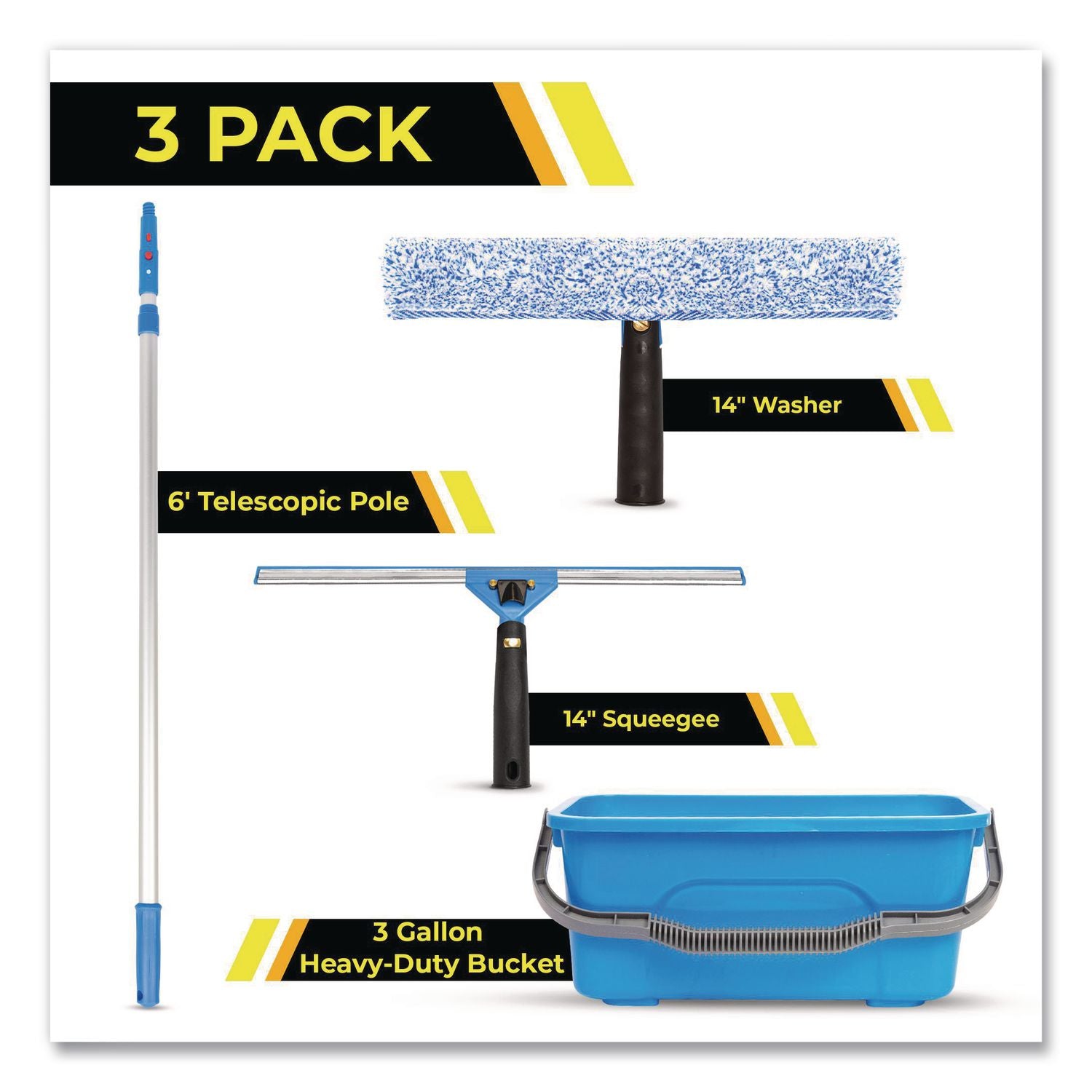 Pro Window Washing Kit With 14" Wide Blade Squeegee, Washer, 6 Ft Telescopic Pole And 3 Gal Heavy-Duty Bucket, 3/Kit