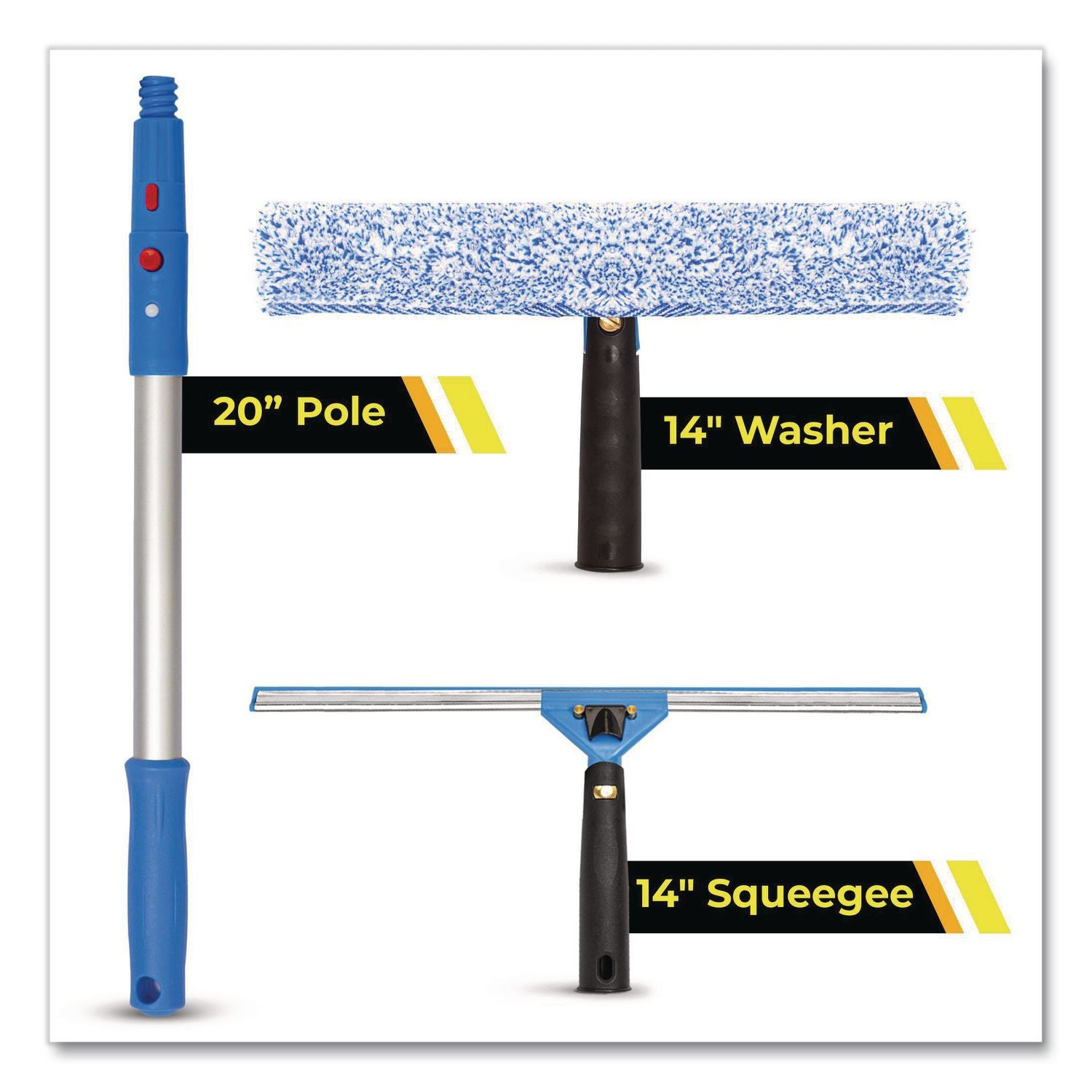 Pro Window Washing Kit With Squeegee, Washer And 20" Pole, 14" Wide Blade