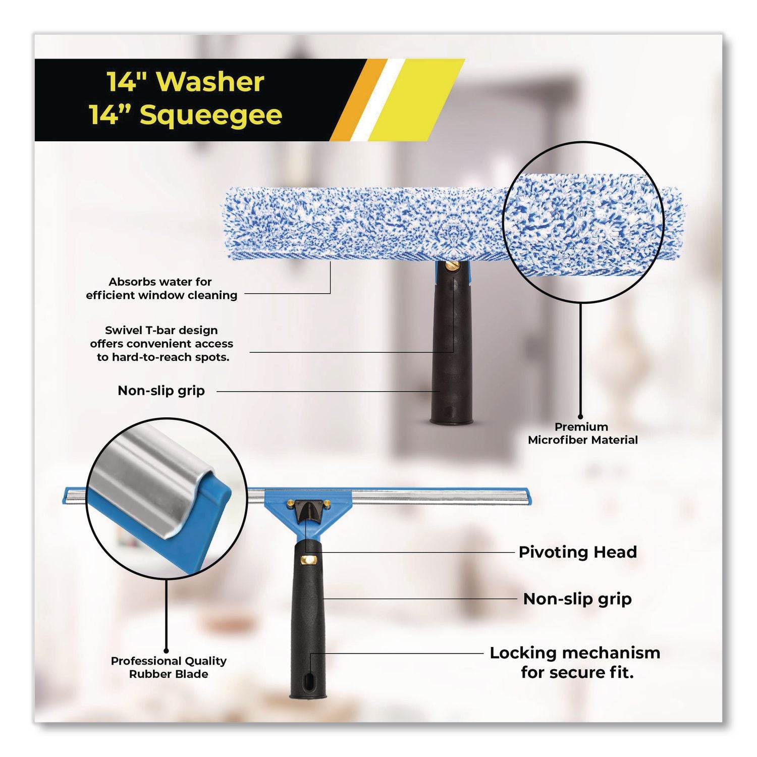 Pro Window Washing Kit With Squeegee, Washer And 20" Pole, 14" Blade Width, 3/Kit