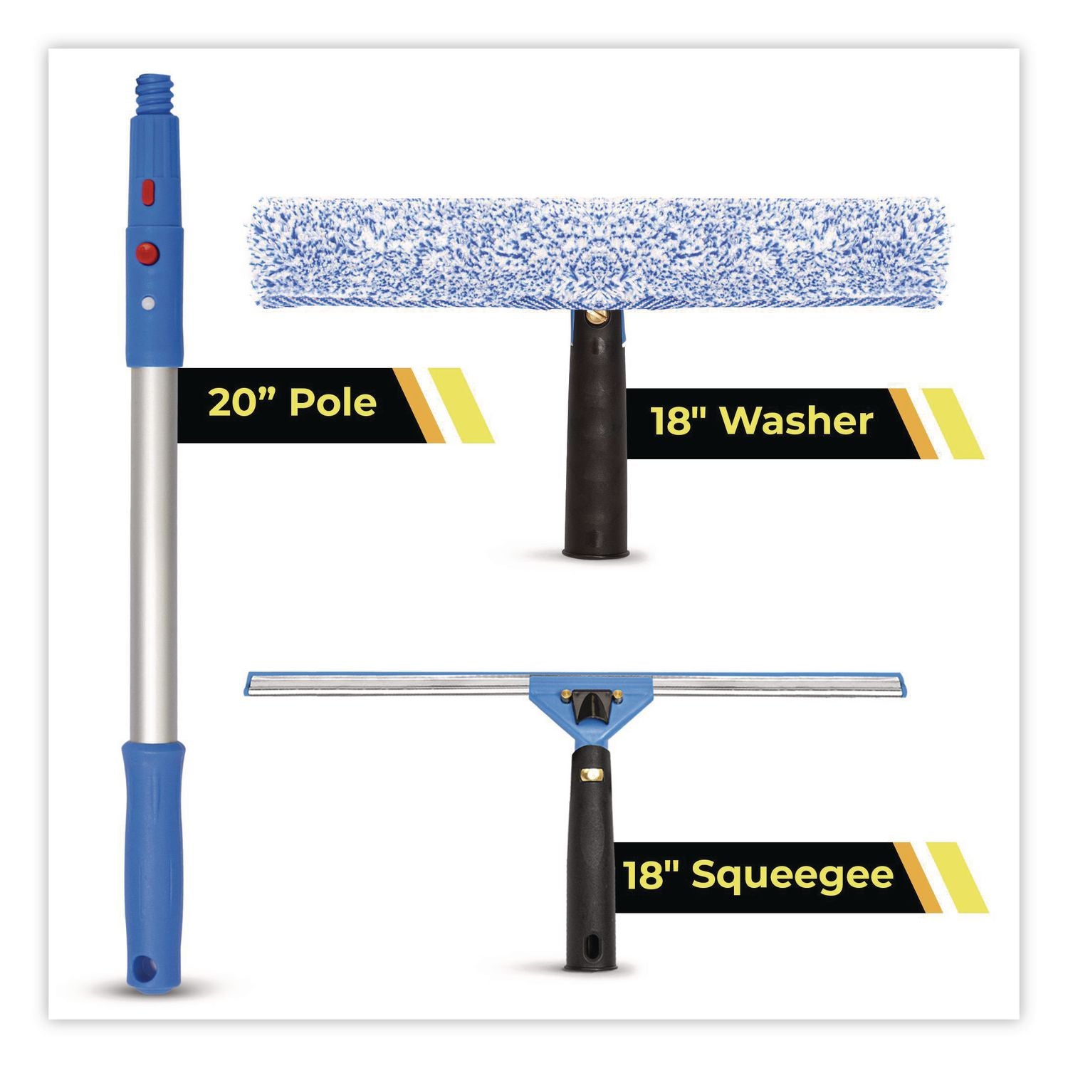 Pro Window Washing Kit With Squeegee, Washer And 20" Pole, 18" Wide Blade