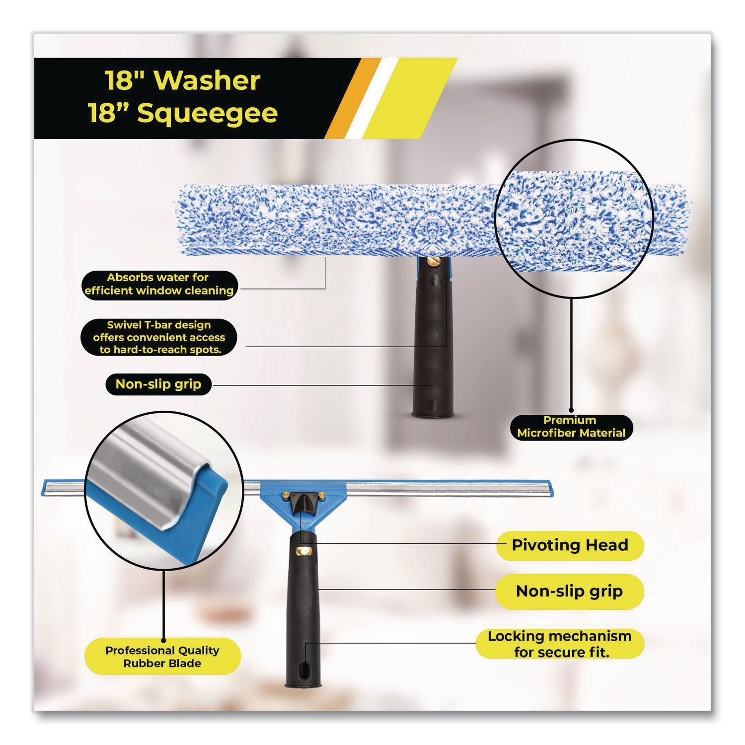 Pro Window Washing Kit With Squeegee, Washer And 20" Pole, 18" Blade Width, 2/Kit