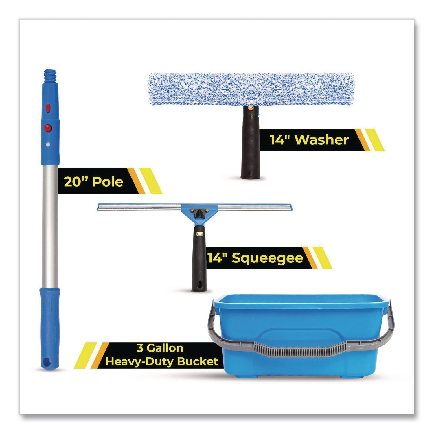 Pro Window Cleaning Kit With 14" Squeegee, 14" Washer, 20" Pole And 3 Gallon Heavy-Duty Bucket