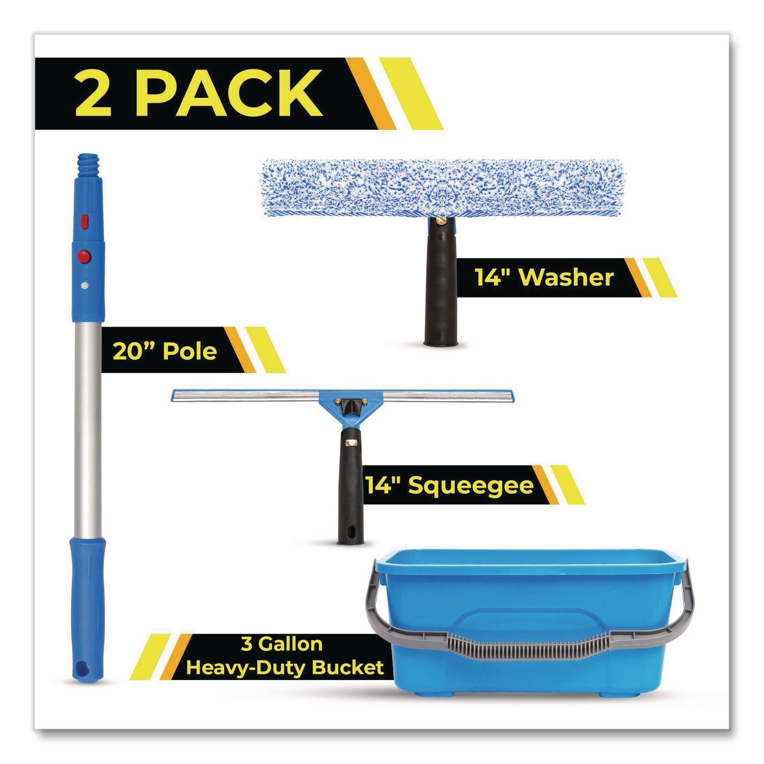 Pro Window Cleaning Kit With 14" Squeegee, 14" Washer, 20" Pole And 3 Gallon Heavy-Duty Bucket, 2/Kit