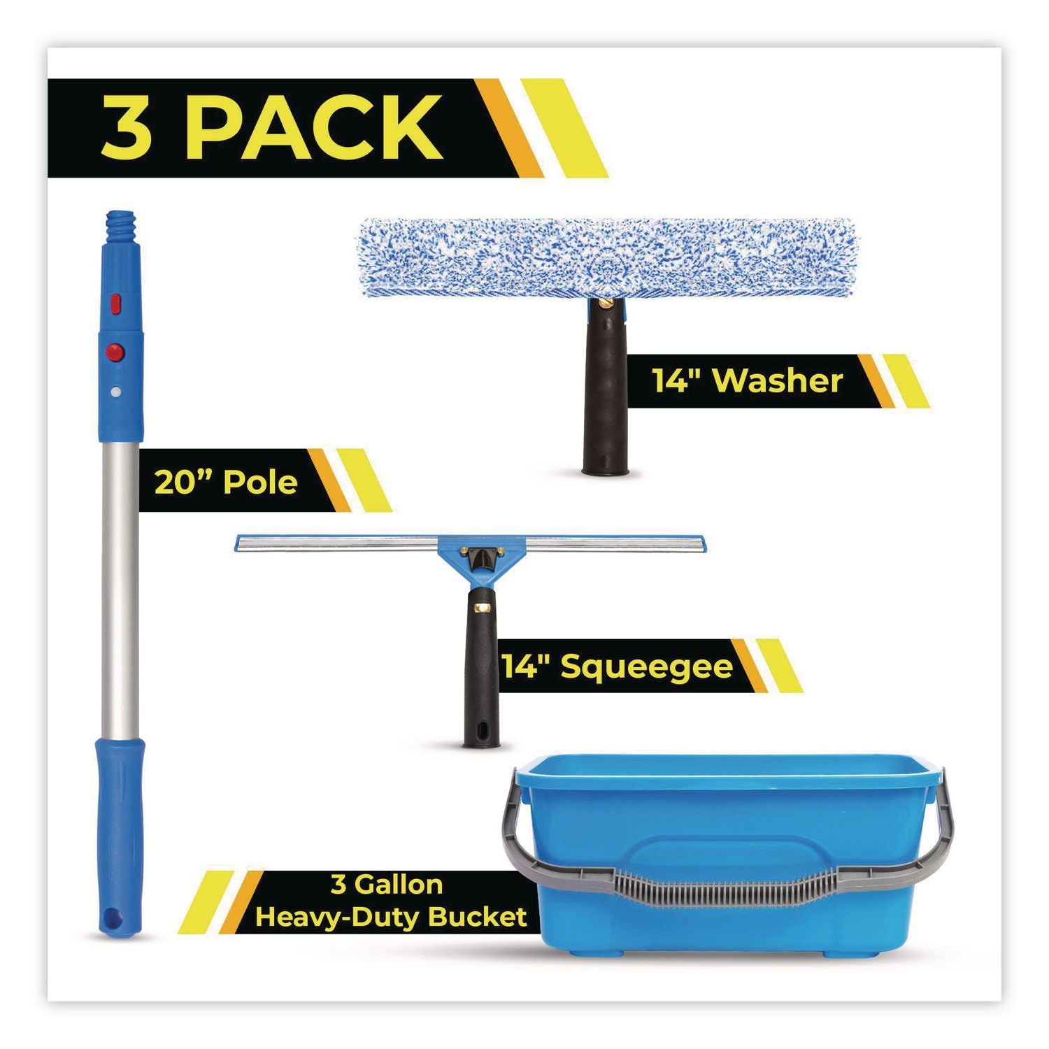 Pro Window Cleaning Kit With 14" Squeegee, 14" Washer, 20" Pole And 3 Gallon Heavy-Duty Bucket, 3/Kit