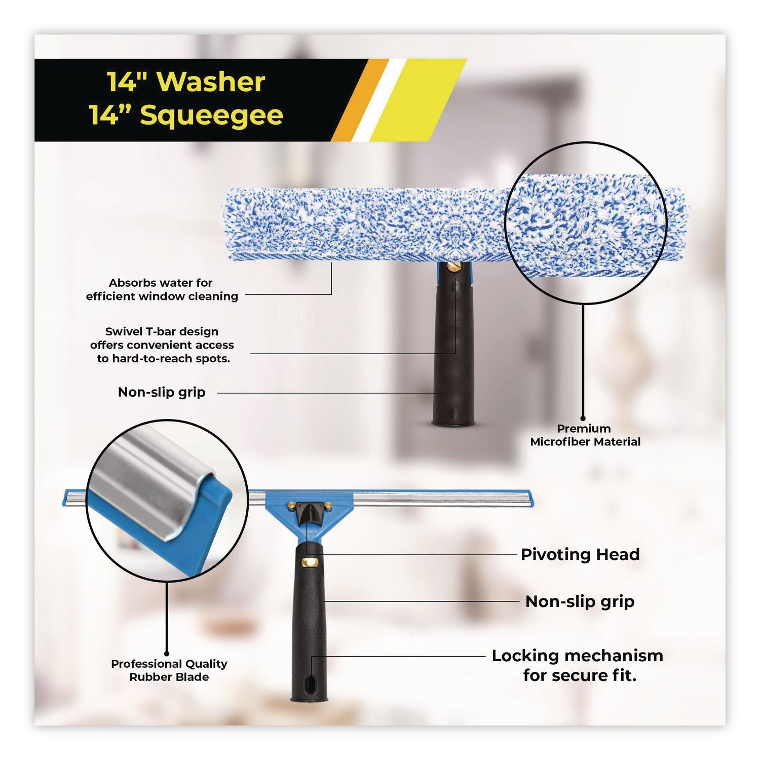 Pro Window Cleaning Kit With 14" Squeegee, 14" Washer, 20" Pole And 3 Gallon Heavy-Duty Bucket, 3/Kit