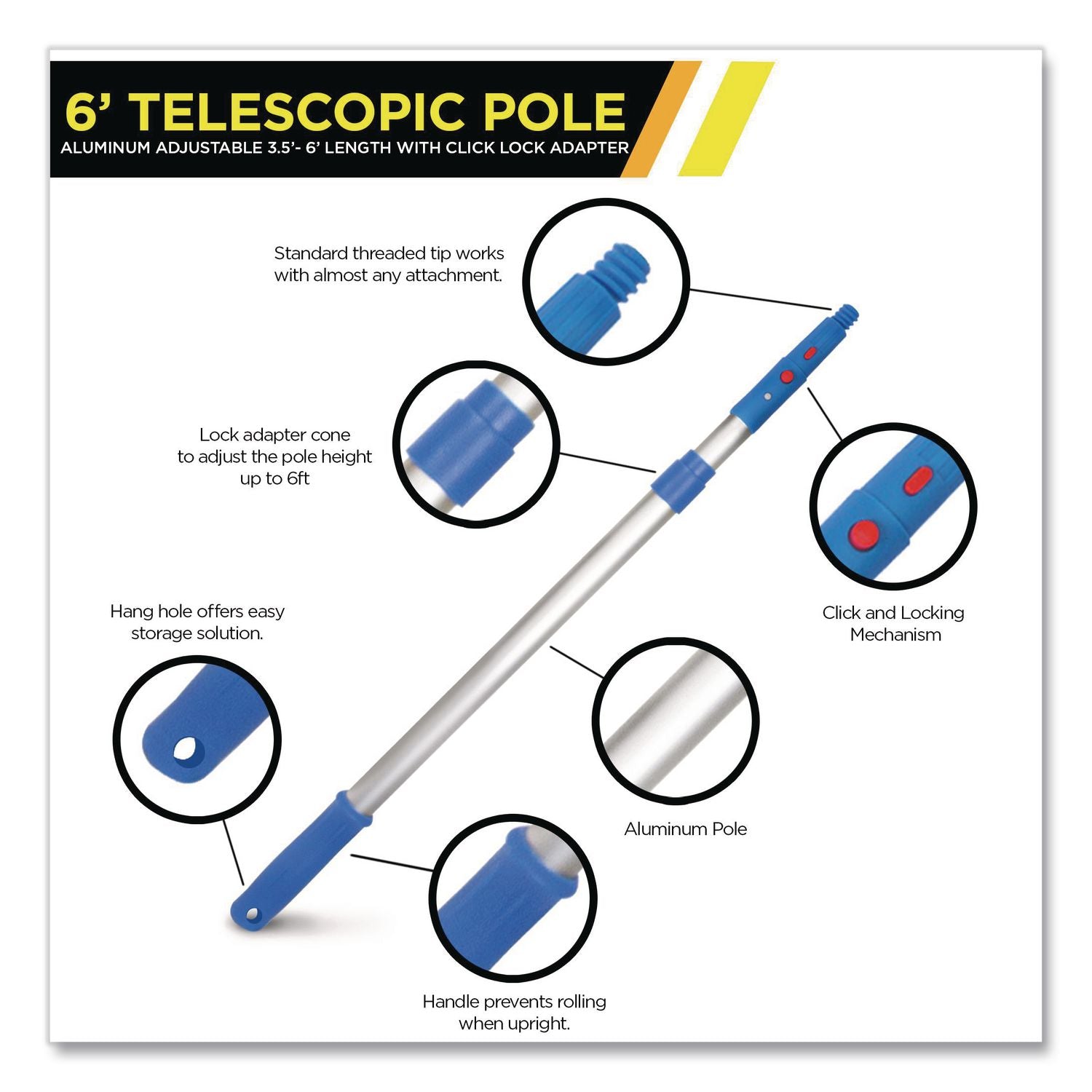 6 Ft Telescopic Aluminum Extension Pole With Click/Lock Adapter Cone, 3.5 Ft To 6 Ft, Blue/Silver, 2/Pack