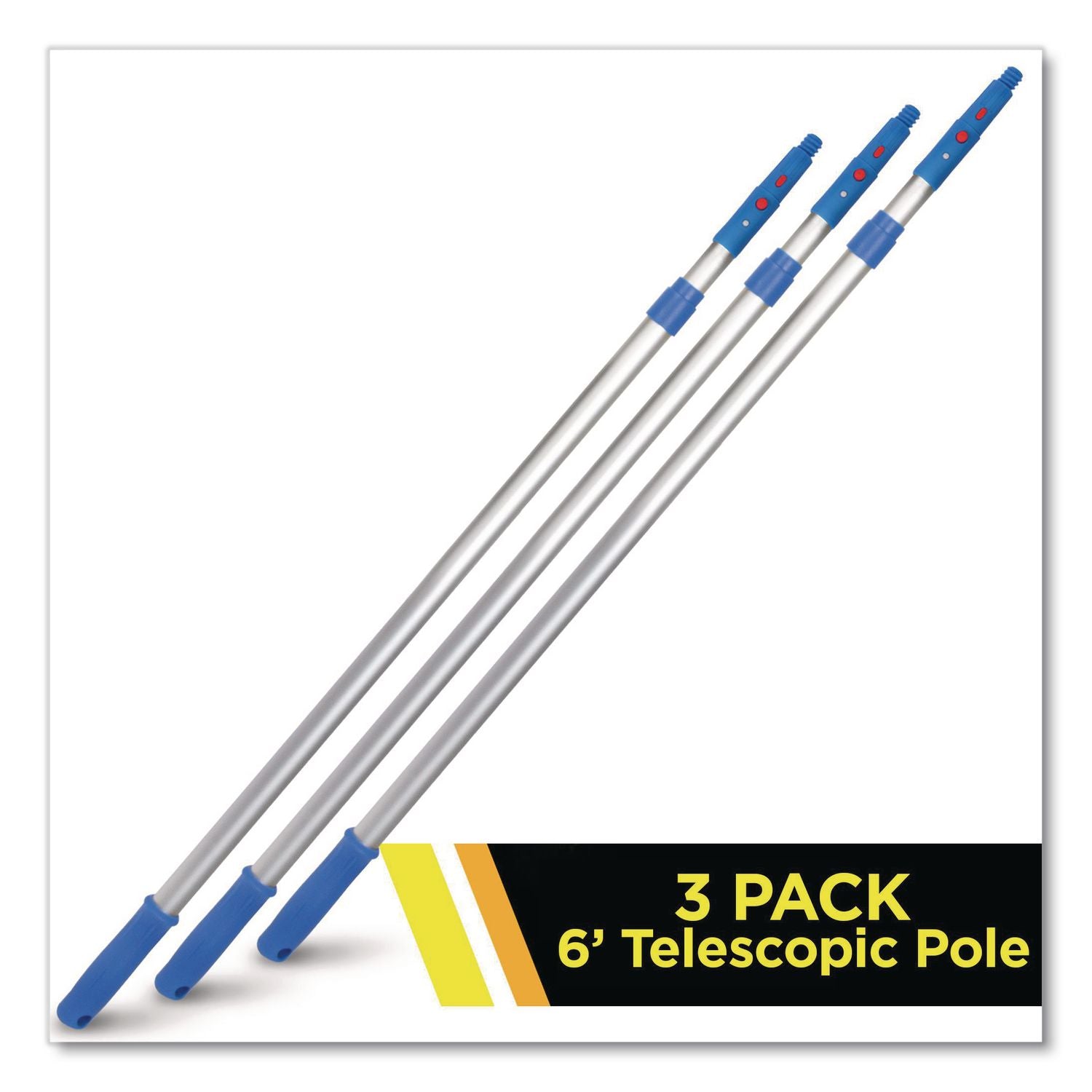 6 Ft Telescopic Aluminum Extension Pole With Click/Lock Adapter Cone, 3.5 Ft To 6 Ft, Blue/Silver, 3/Pack